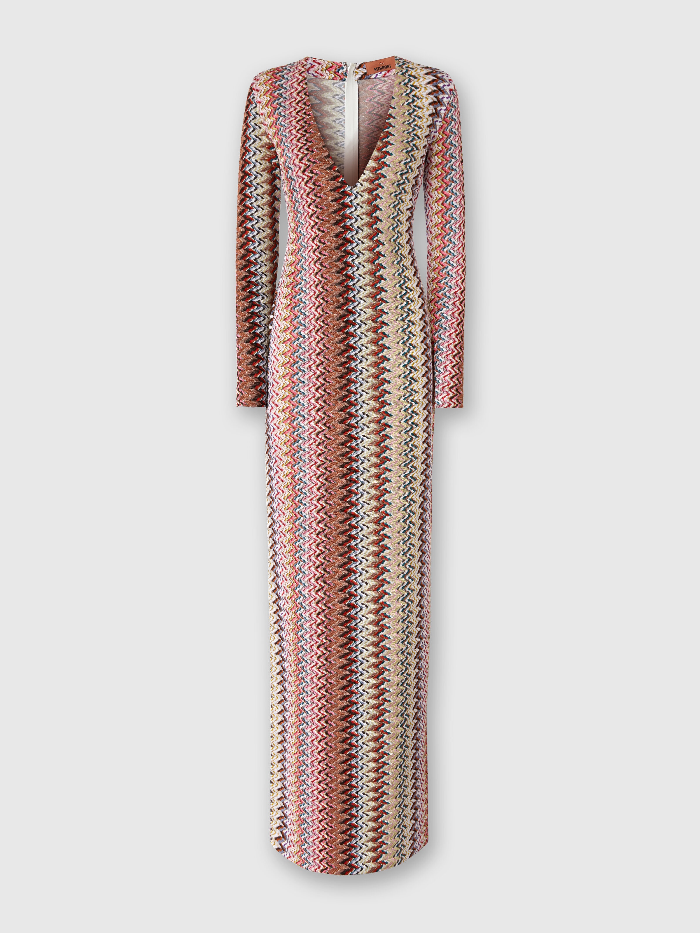 Long Dress with V-Neck and Zigzag Pattern, Multicoloured  - 0