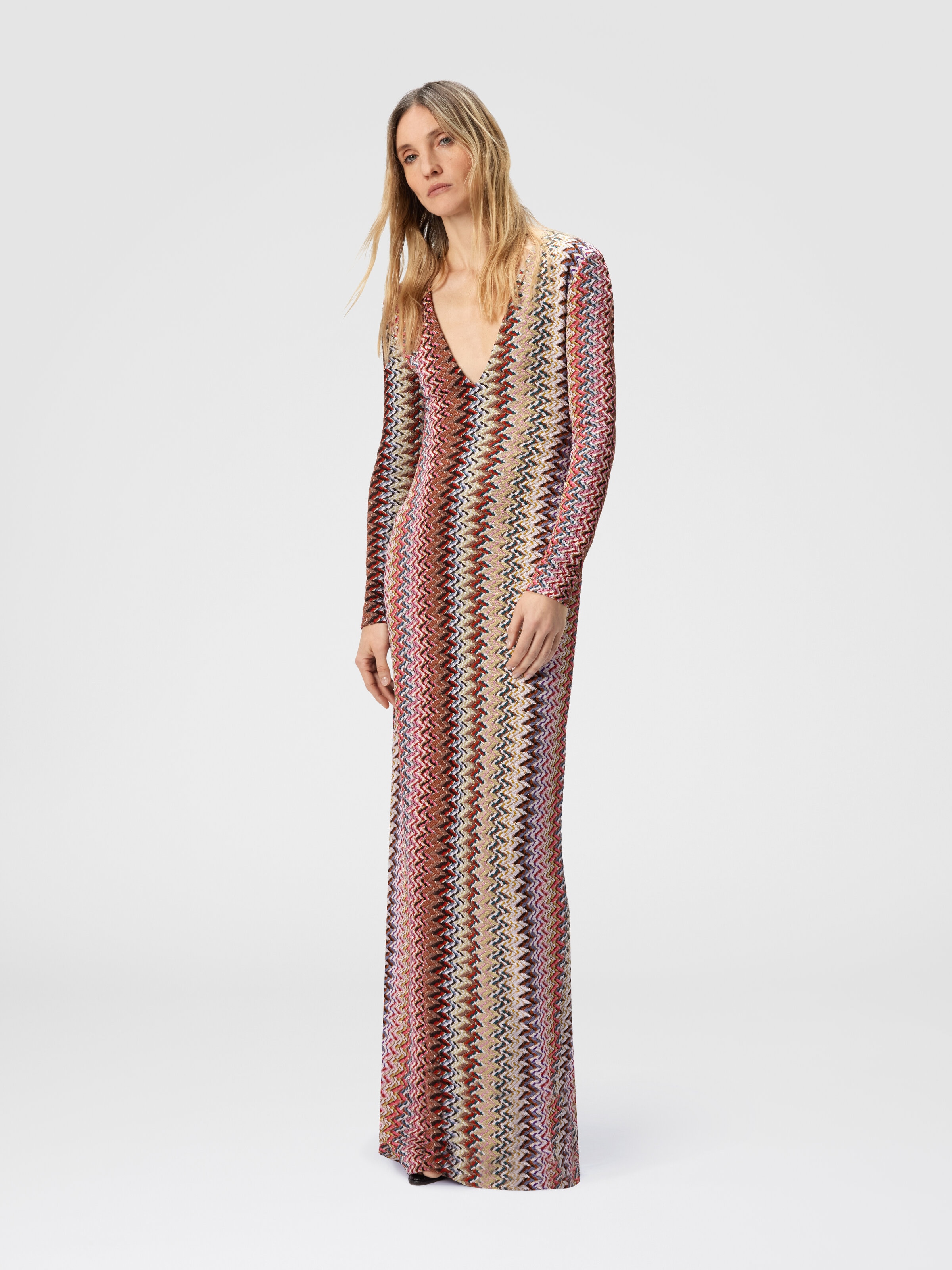 Long Dress with V-Neck and Zigzag Pattern, Multicoloured  - 1