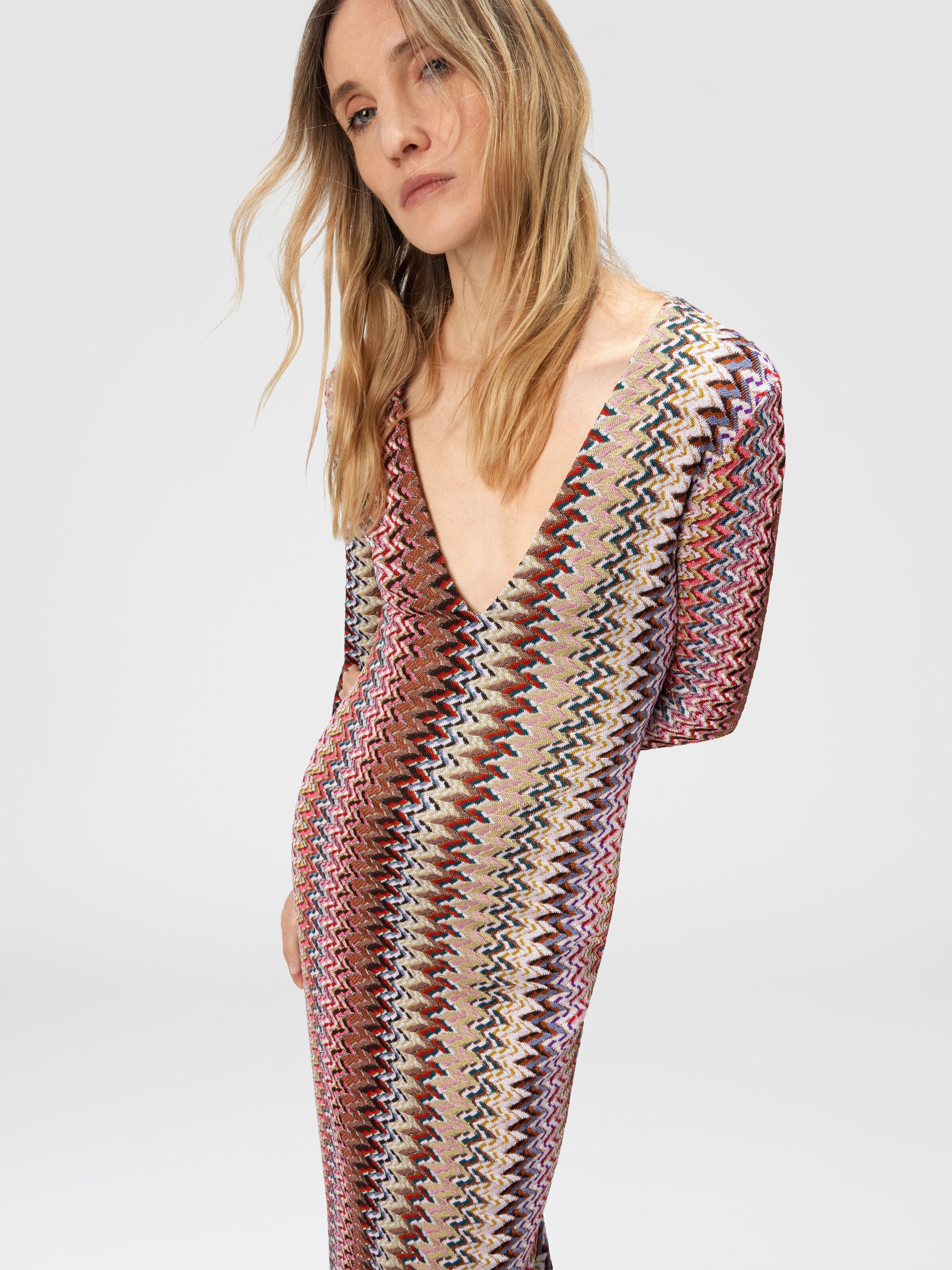 Long Dress with V-Neck and Zigzag Pattern, Multicoloured  - 3