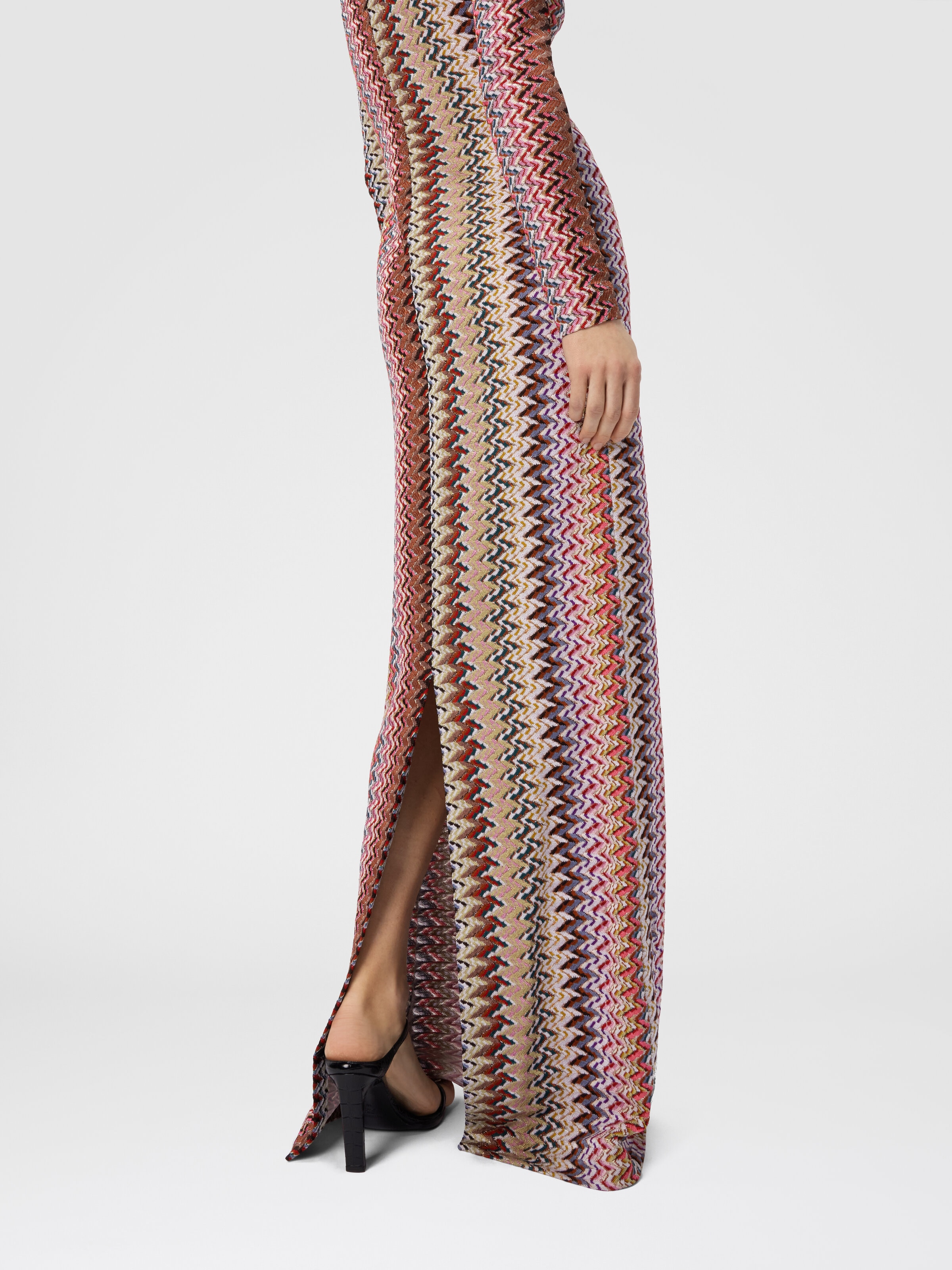 Long Dress with V-Neck and Zigzag Pattern, Multicoloured  - 4
