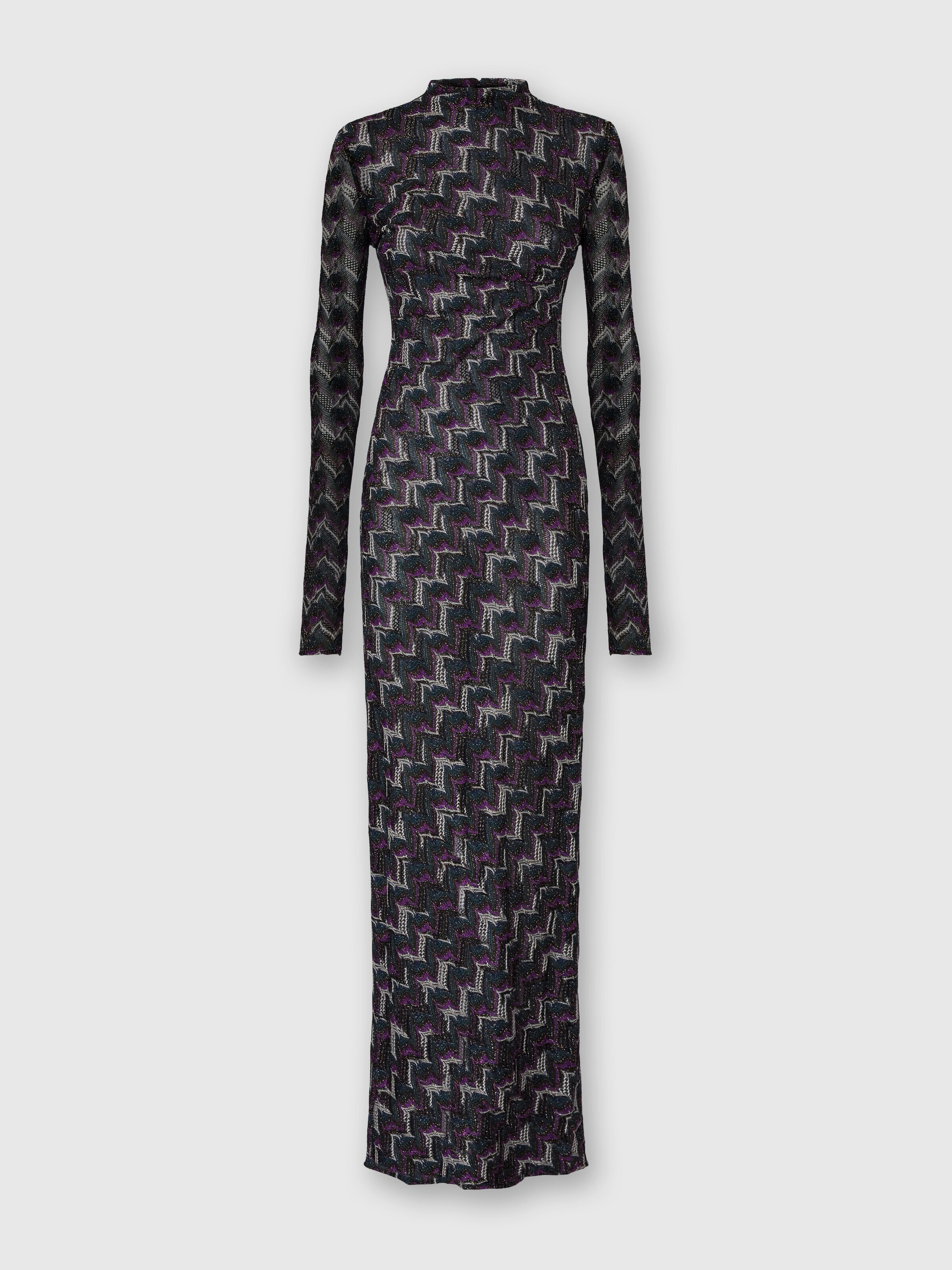 High-neck long dress with embroidered lace, Black& Purple  - 0