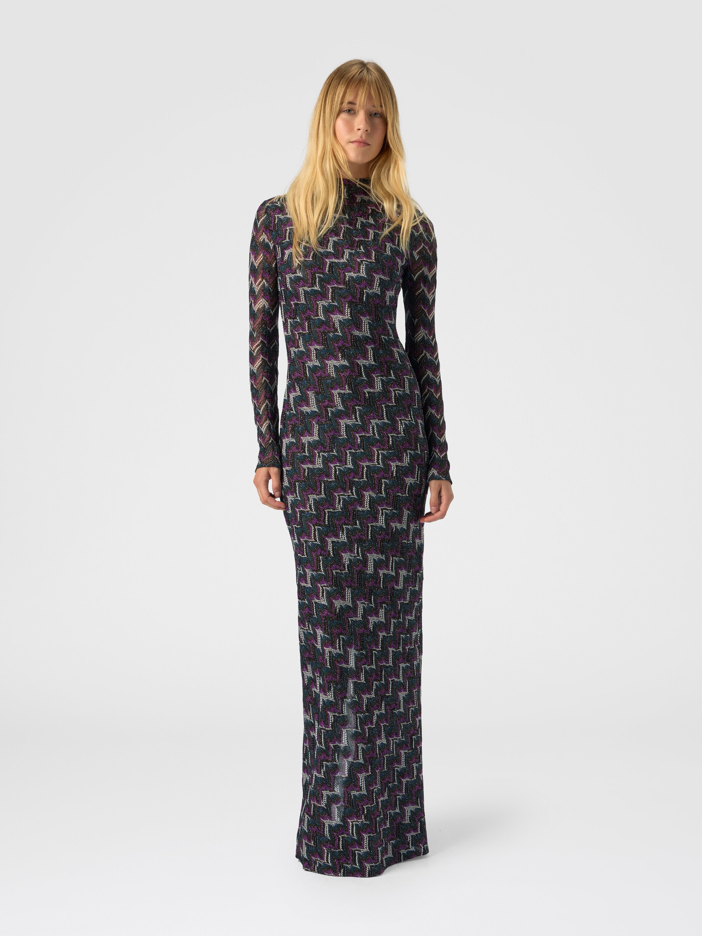 High-neck long dress with embroidered lace, Black& Purple  - 1