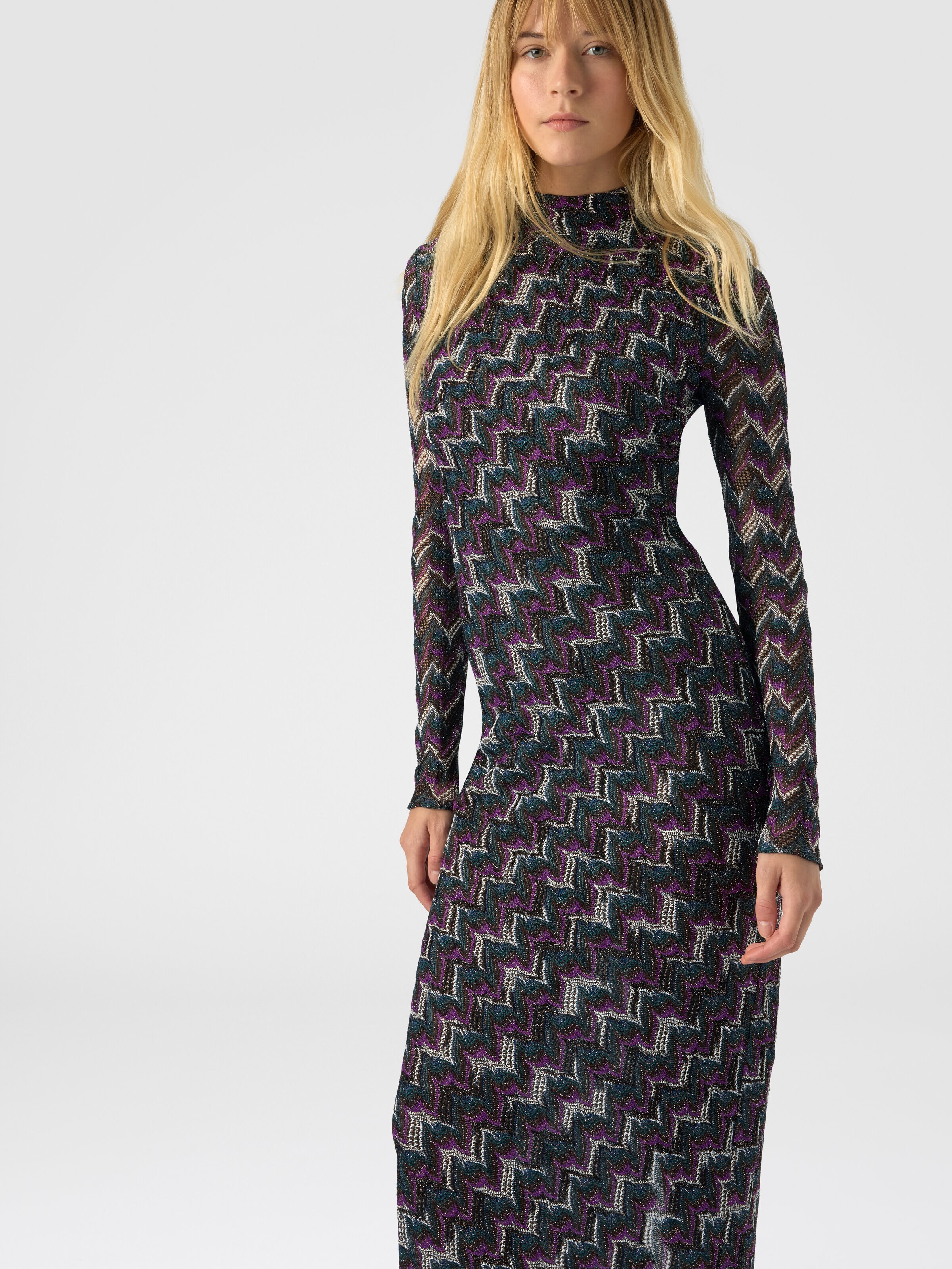 High-neck long dress with embroidered lace, Black& Purple  - 3