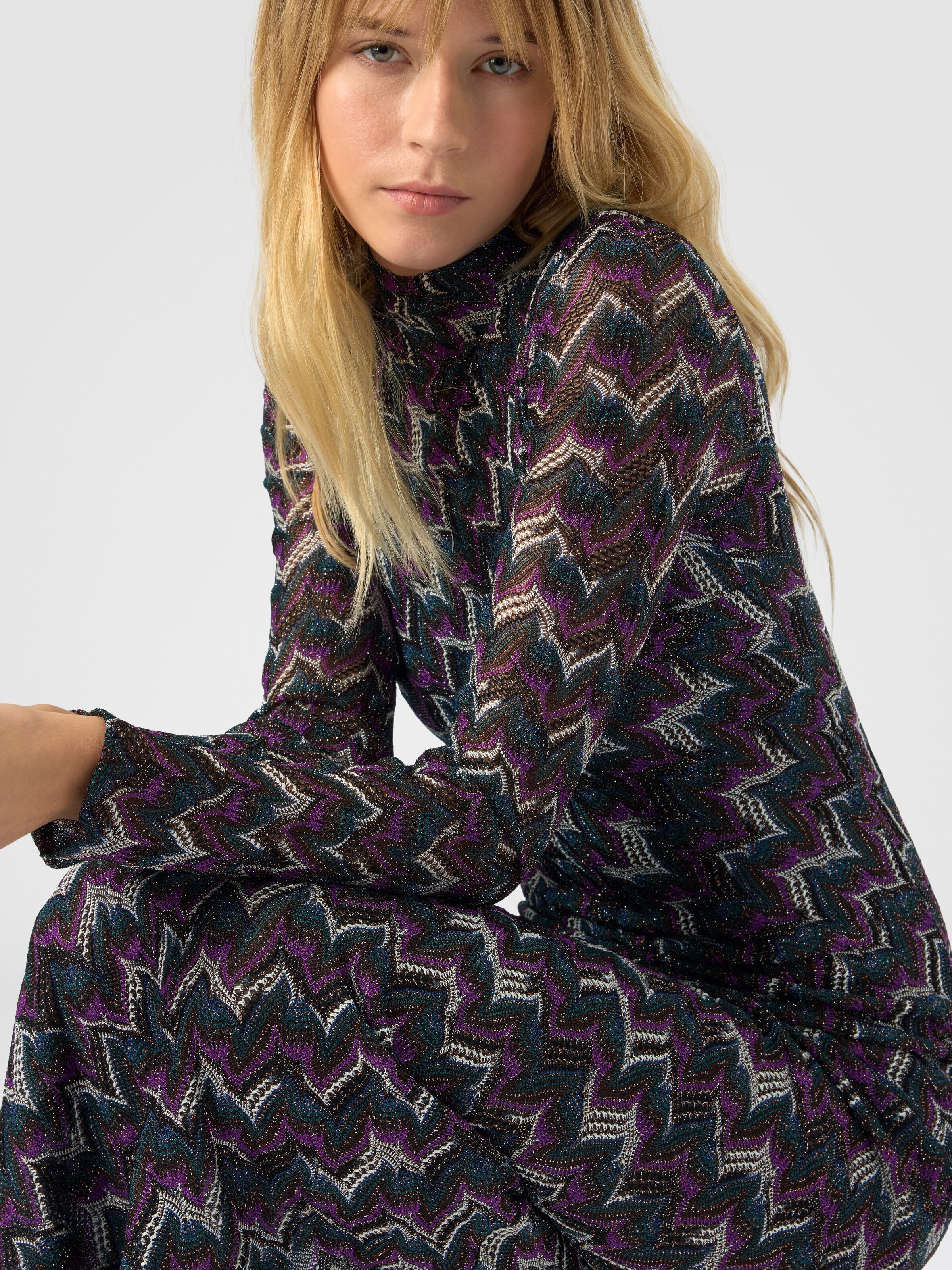 High-neck long dress with embroidered lace, Black& Purple  - 4