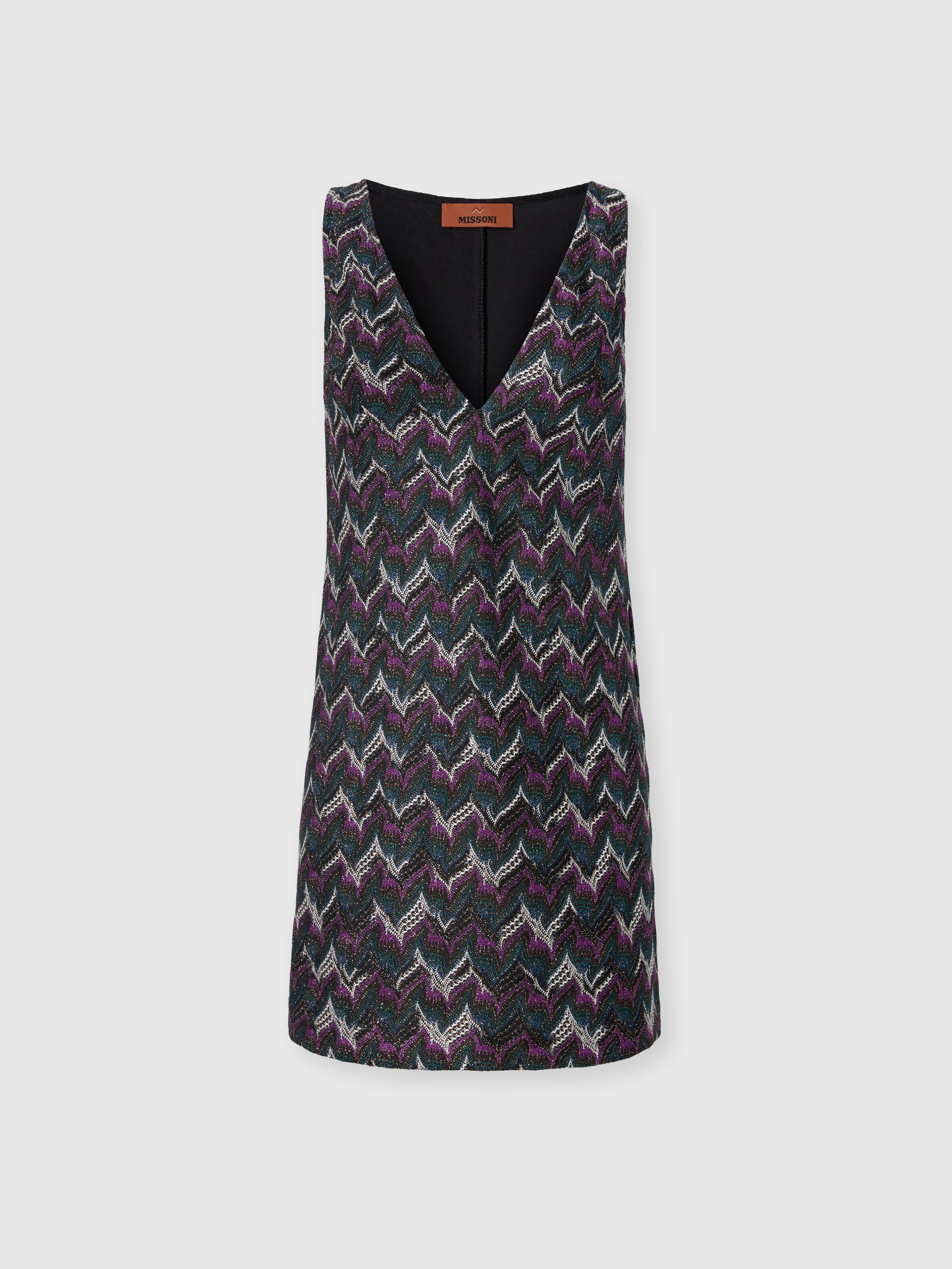 Mini Dress with V-Neck and Embroidered Lace, Black& Purple  - 0