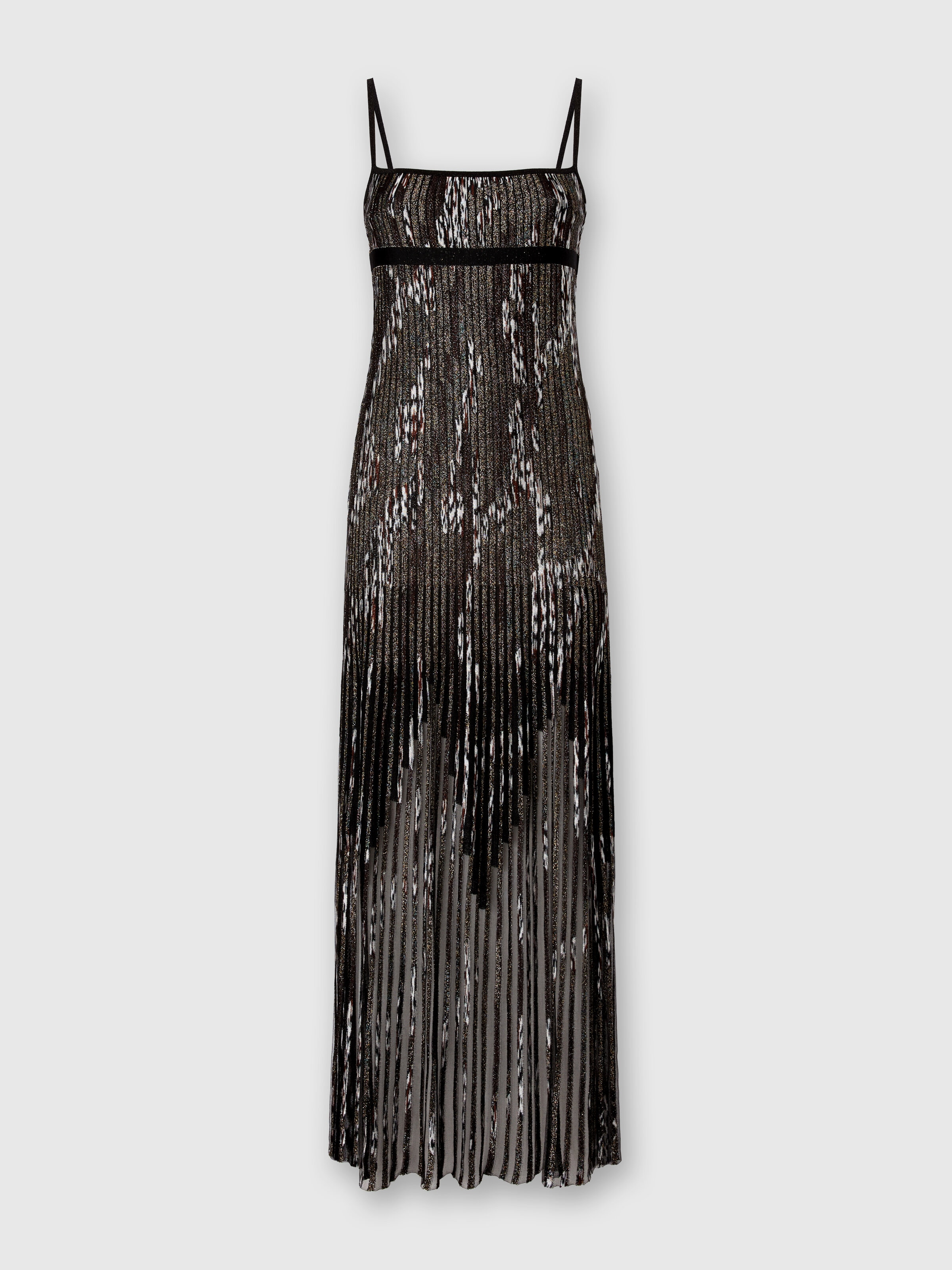 Long Dress with Pleated Zigzag Pattern, Black - 0