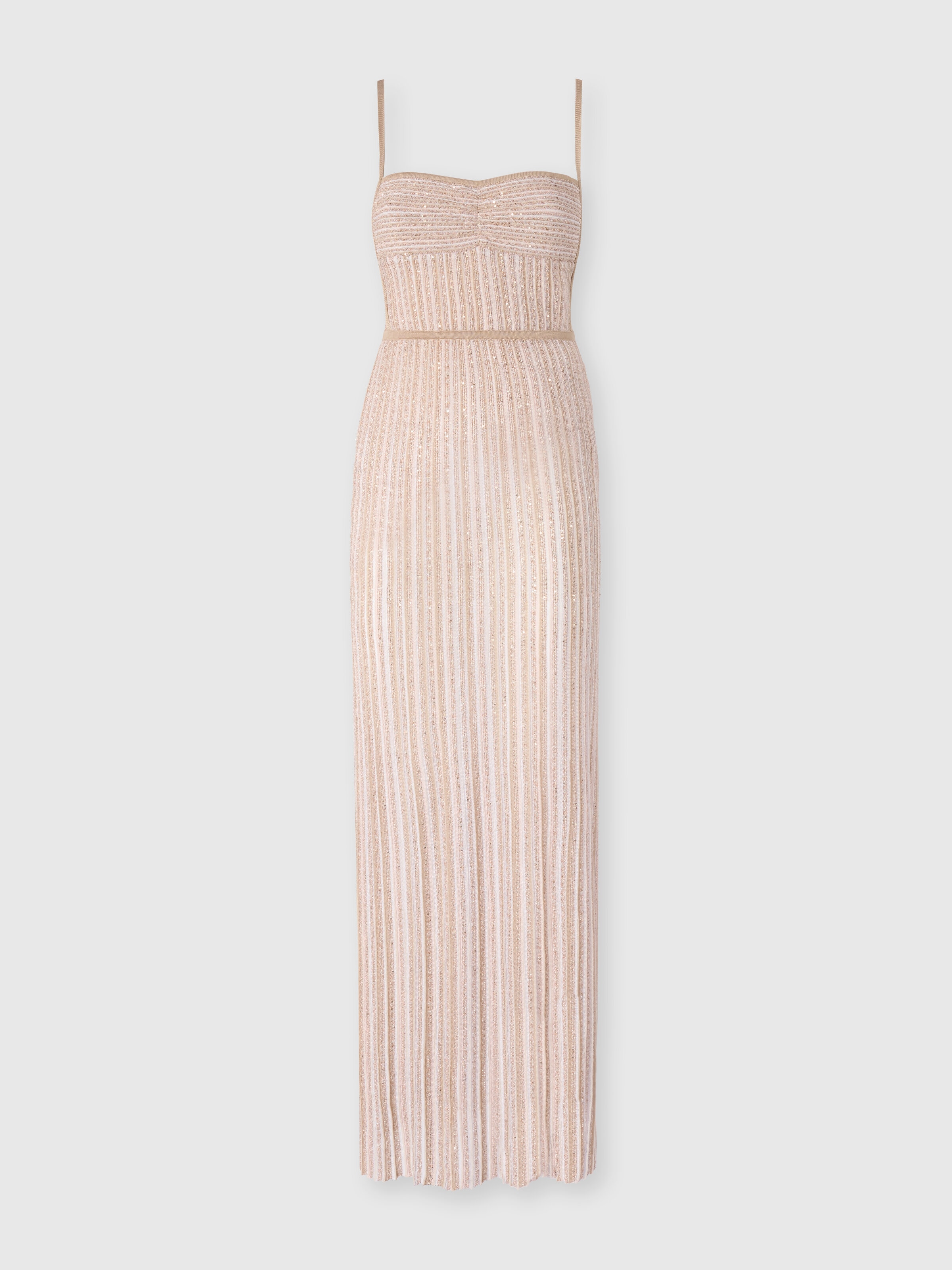 Sleeveless Long Dress with Lamé Stripes, White  - 0