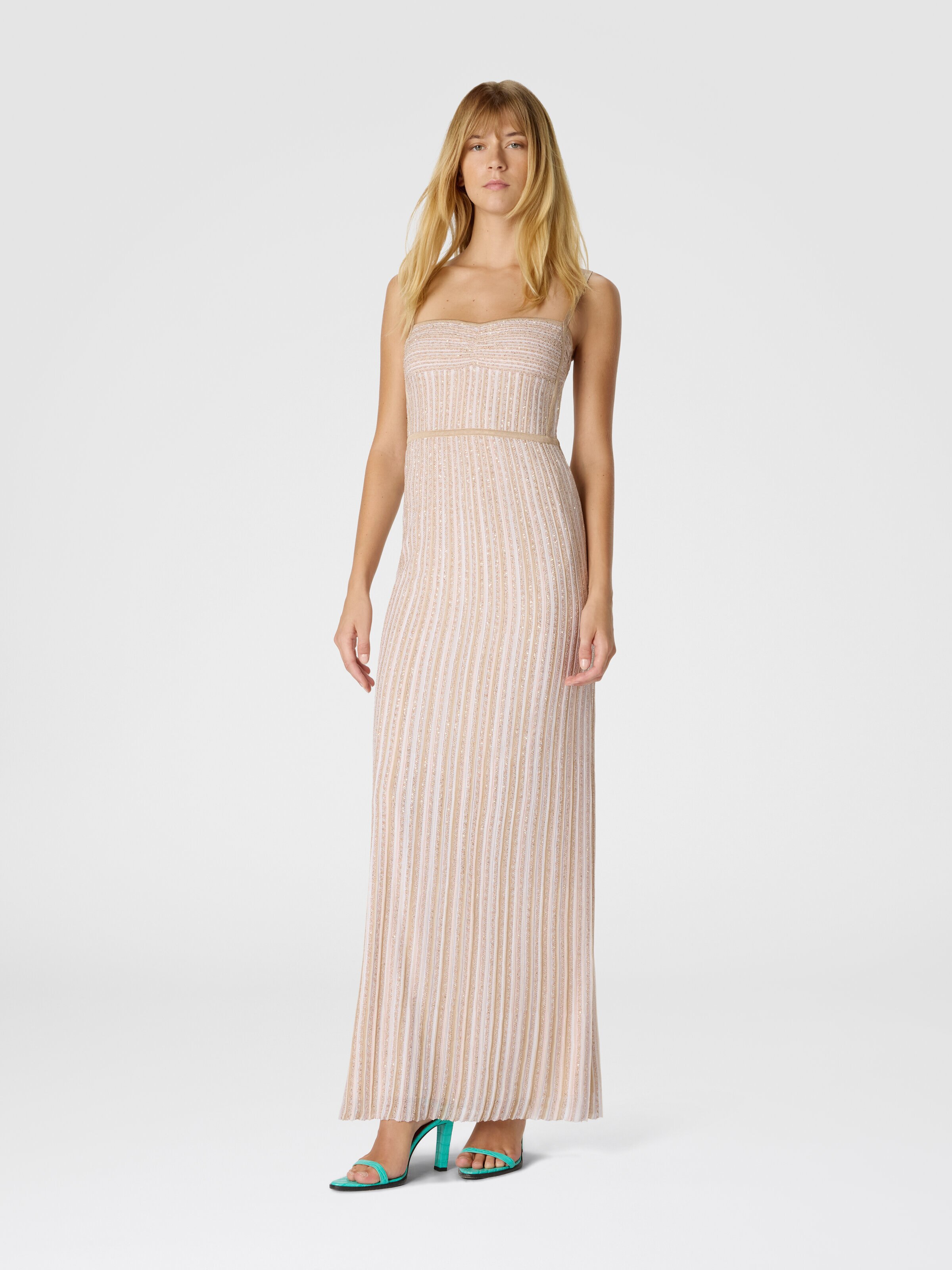 Sleeveless Long Dress with Lamé Stripes, White  - 1