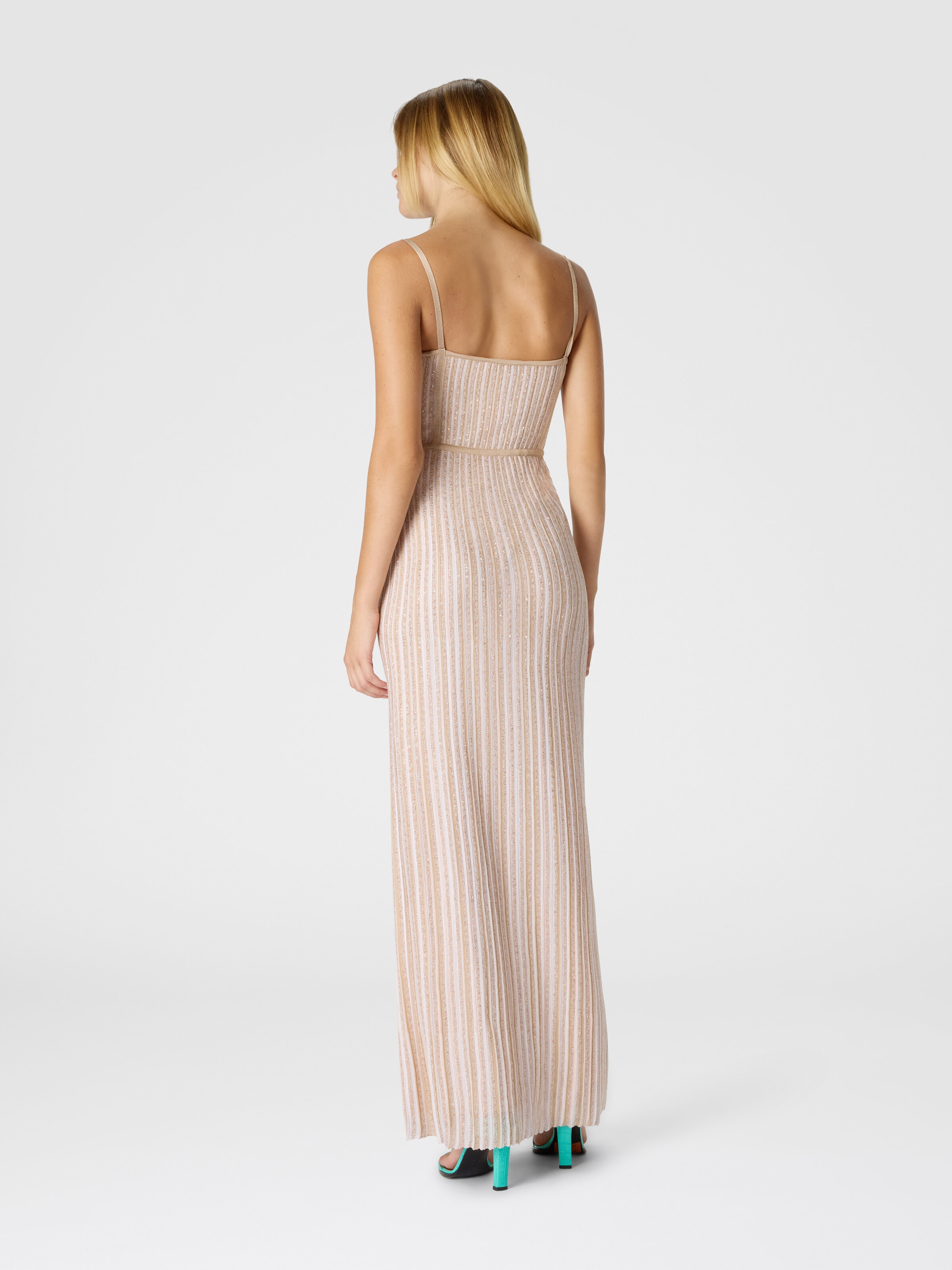 Sleeveless Long Dress with Lamé Stripes, White  - 2