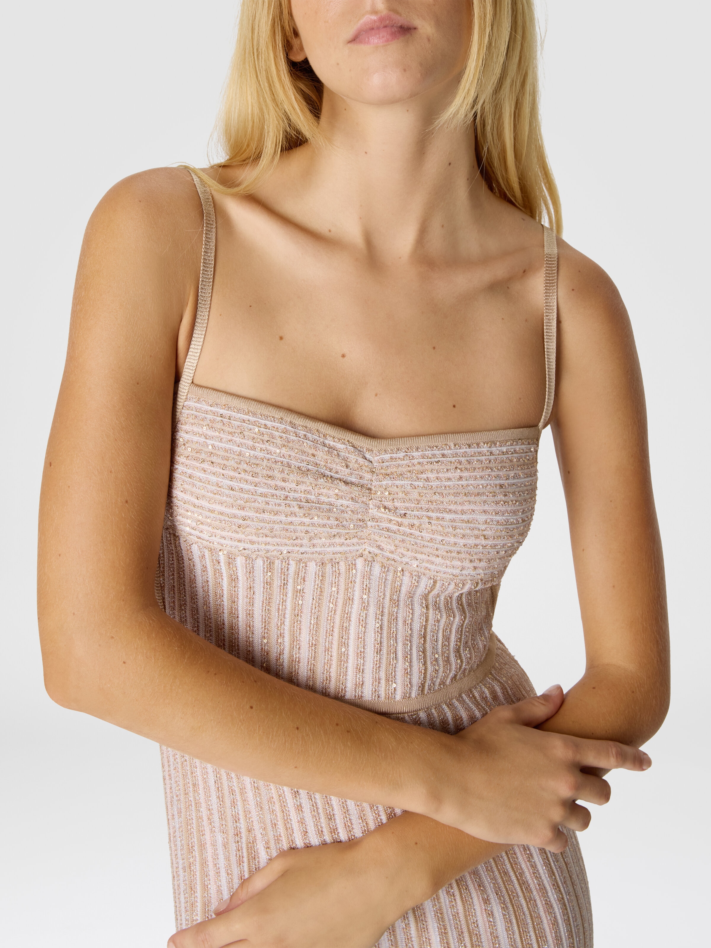Sleeveless Long Dress with Lamé Stripes, White  - 4