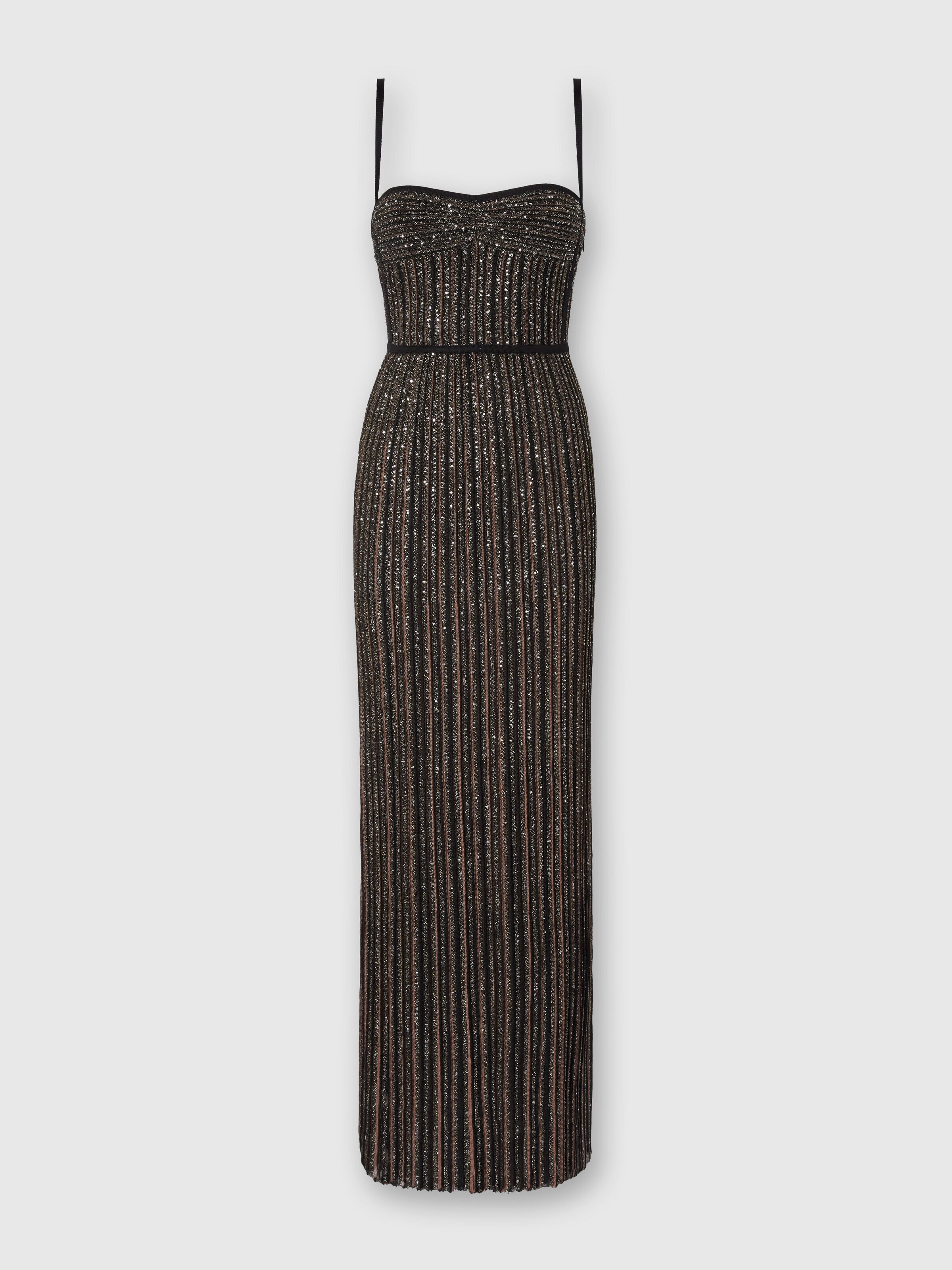 Ärmelloses langes Kleid mit Lamé-Streifen, Schwarz & Braun - 0