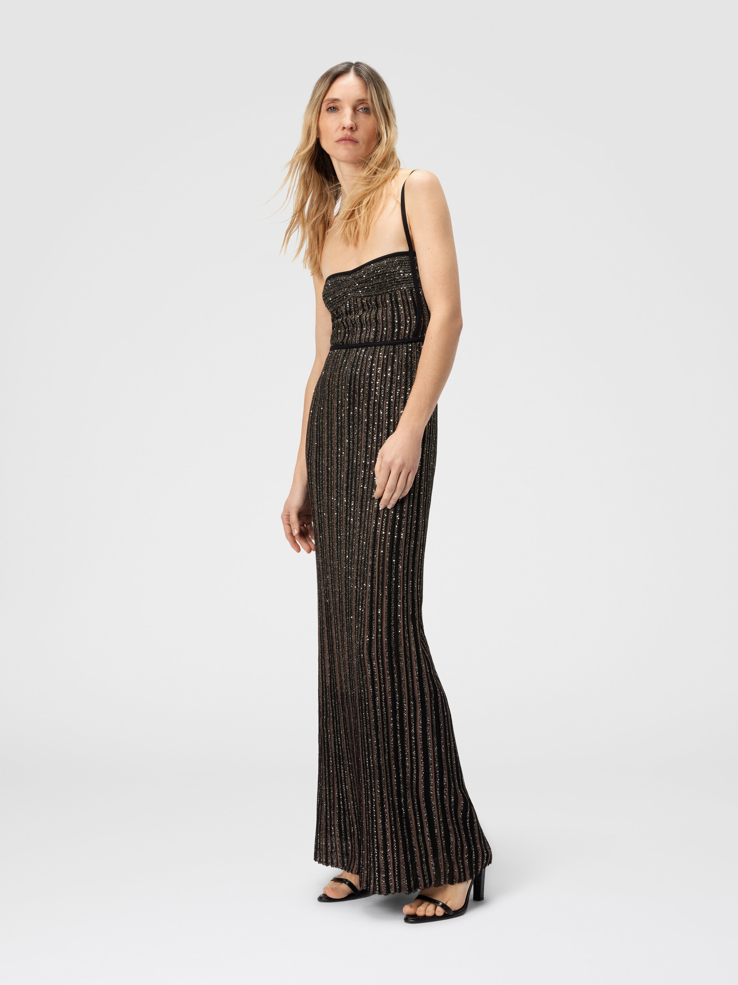 Ärmelloses langes Kleid mit Lamé-Streifen, Schwarz & Braun - 1