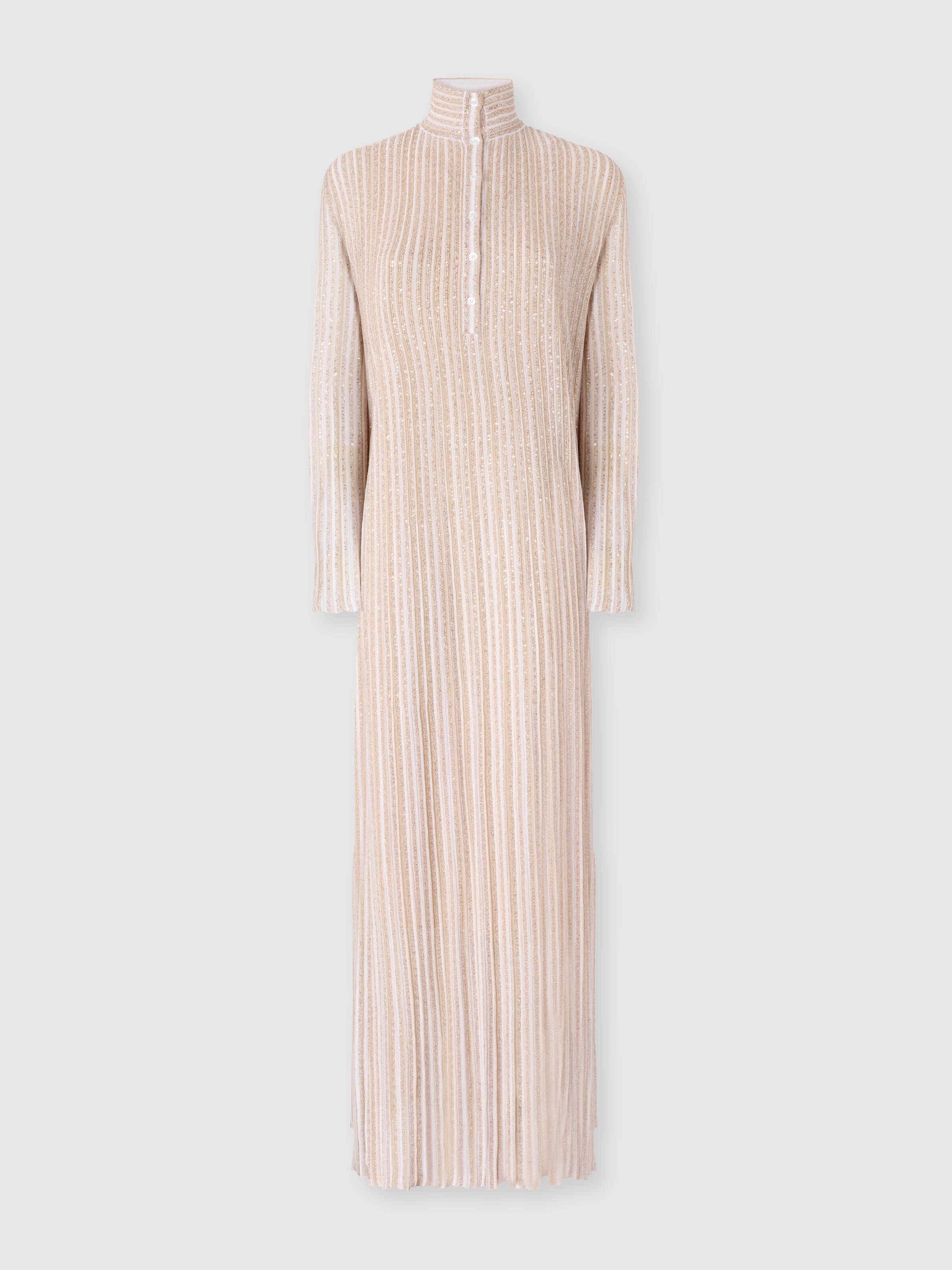 Vestido largo abotonado de manga larga con rayas lamé, Blanco  - 0