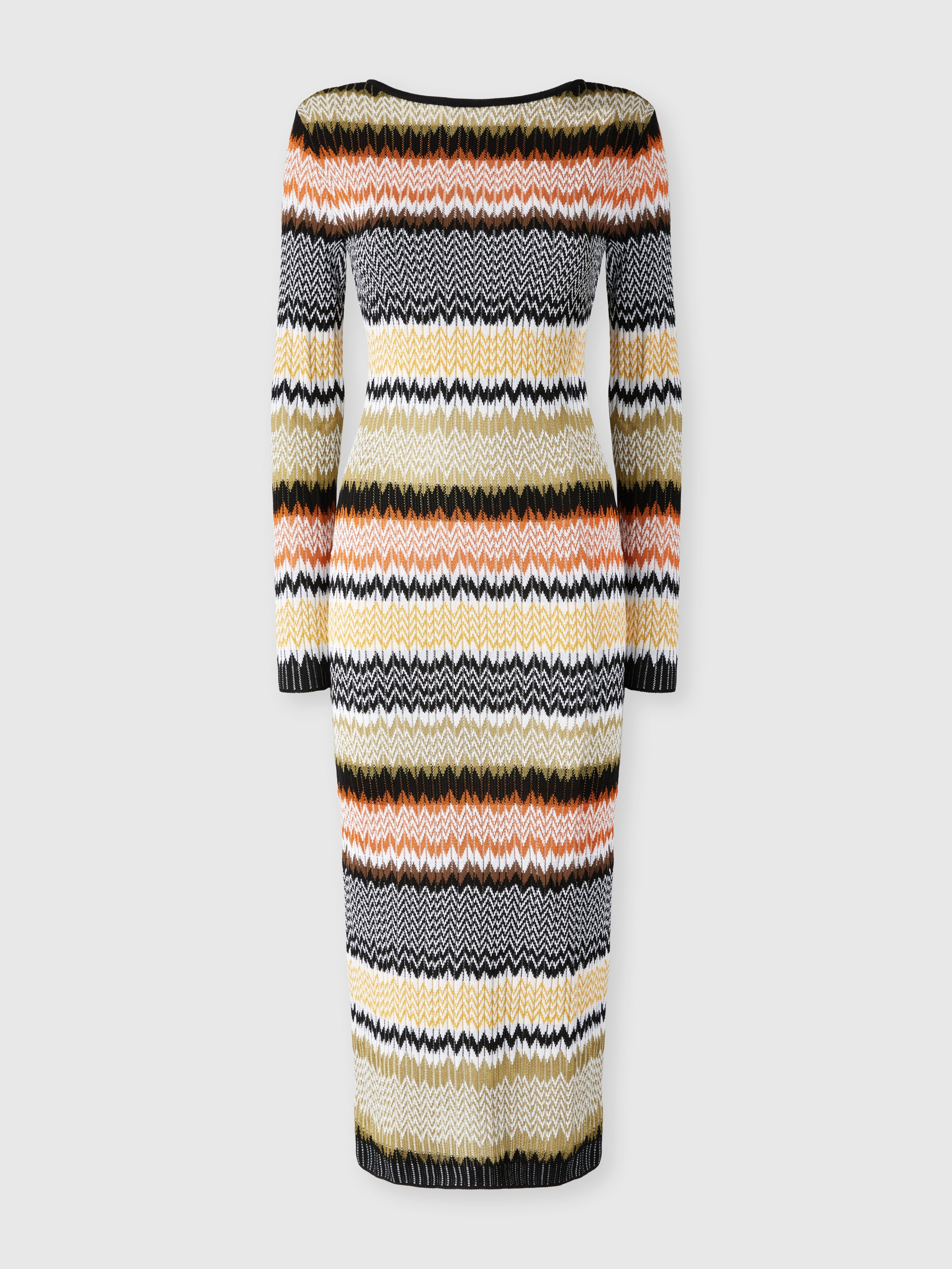 Long Crew Neck Dress with Chevron Pattern, Multicoloured  - 0