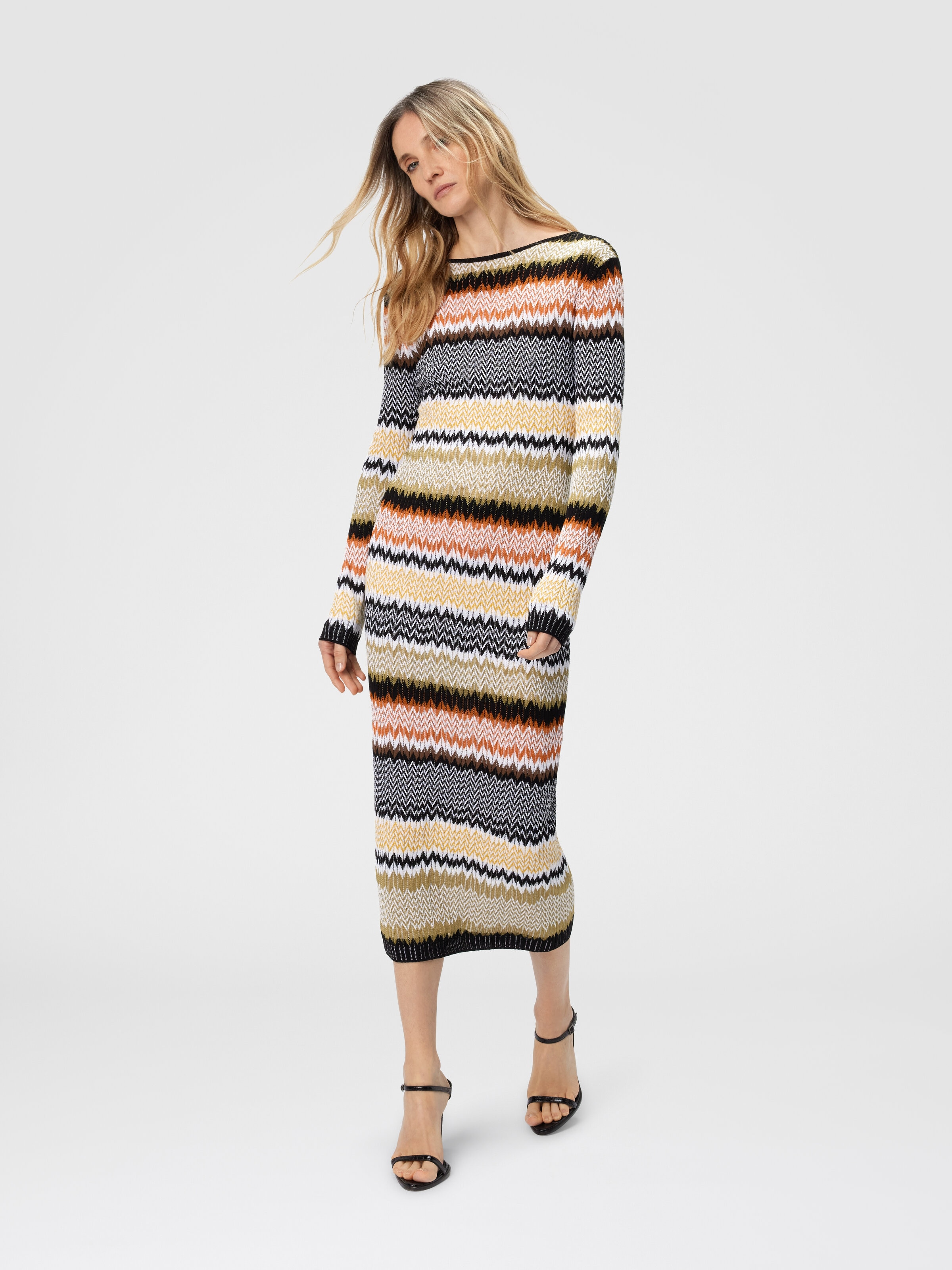 Long Crew Neck Dress with Chevron Pattern, Multicoloured  - 1
