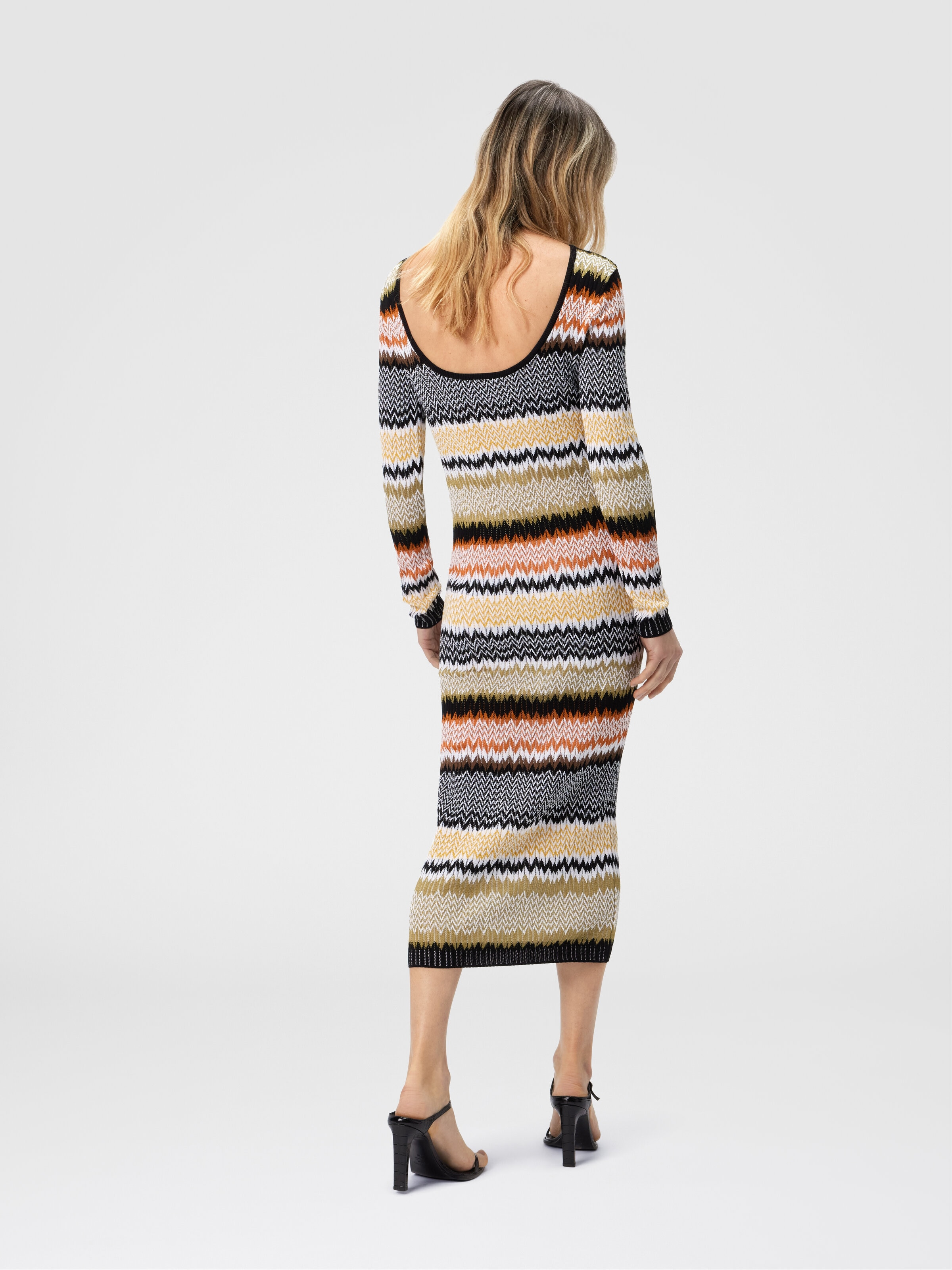 Long Crew Neck Dress with Chevron Pattern, Multicoloured  - 2