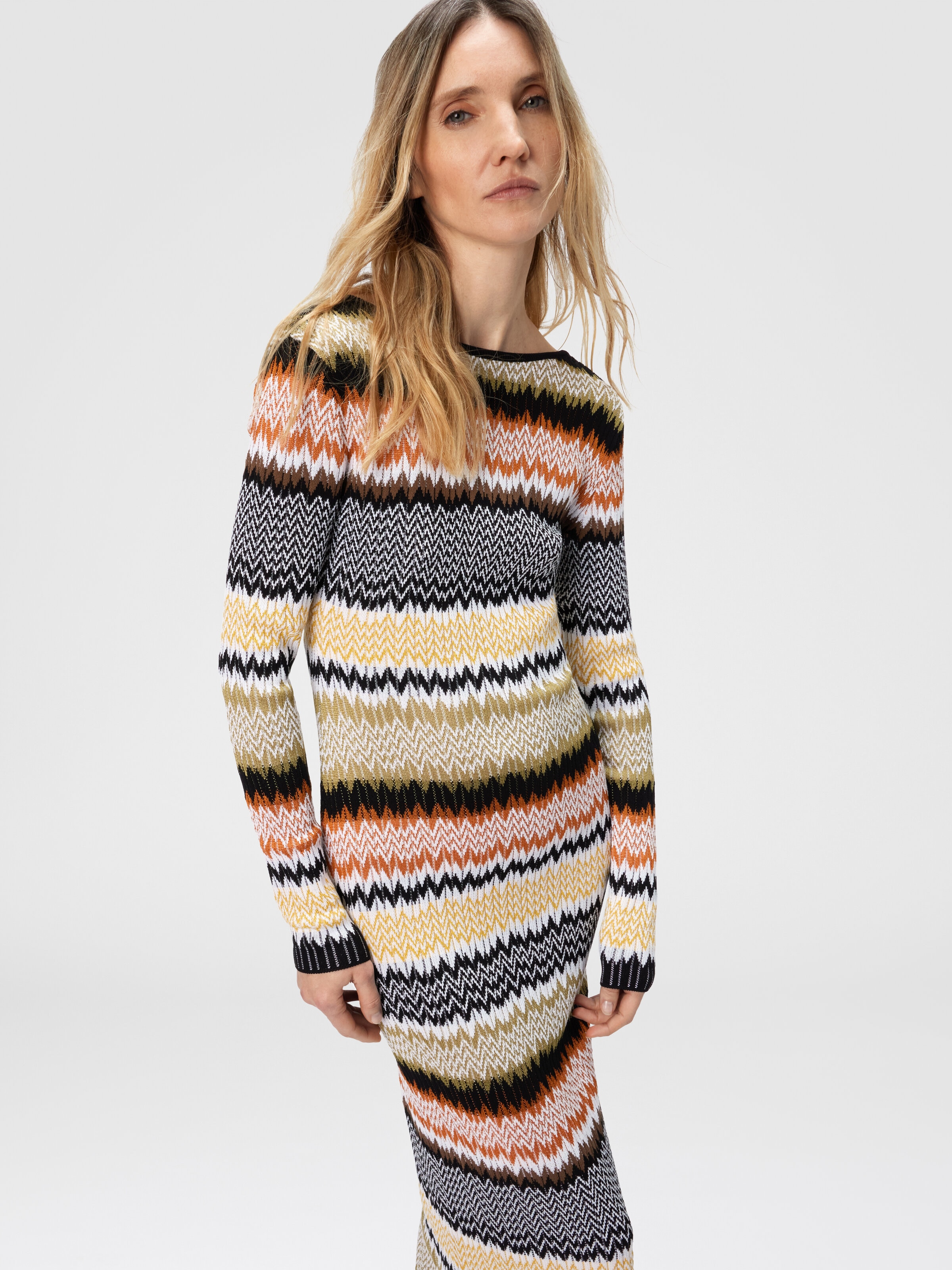 Long Crew Neck Dress with Chevron Pattern, Multicoloured  - 4