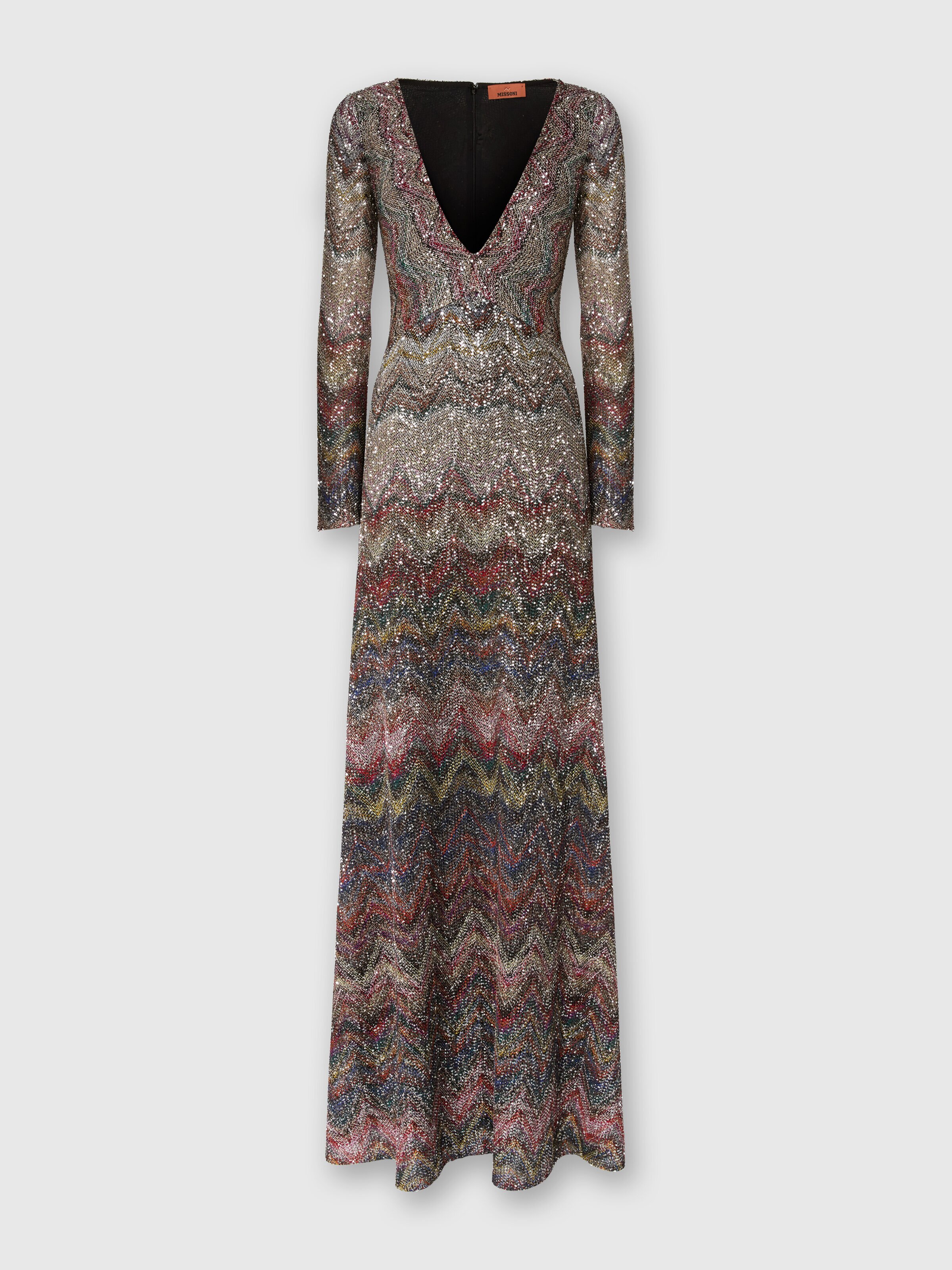 Long dress with v-neck and zigzag pattern, Multicoloured  - 0