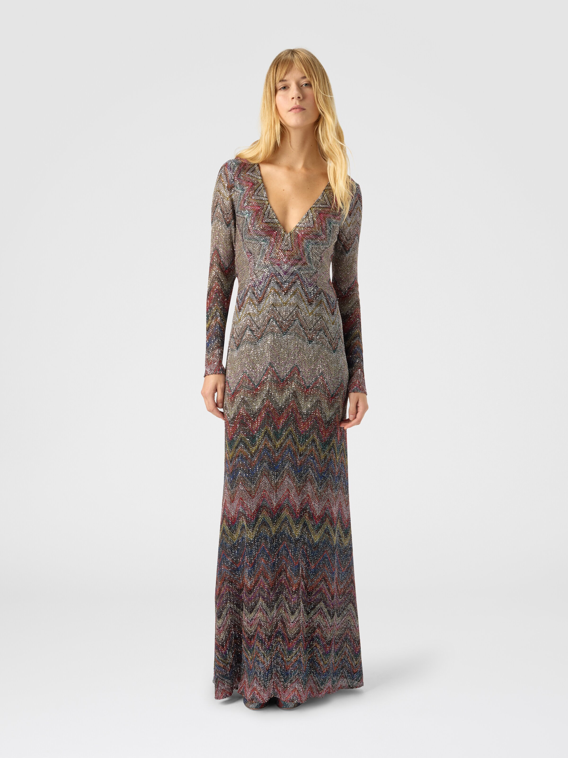 Long dress with v-neck and zigzag pattern, Multicoloured  - 1