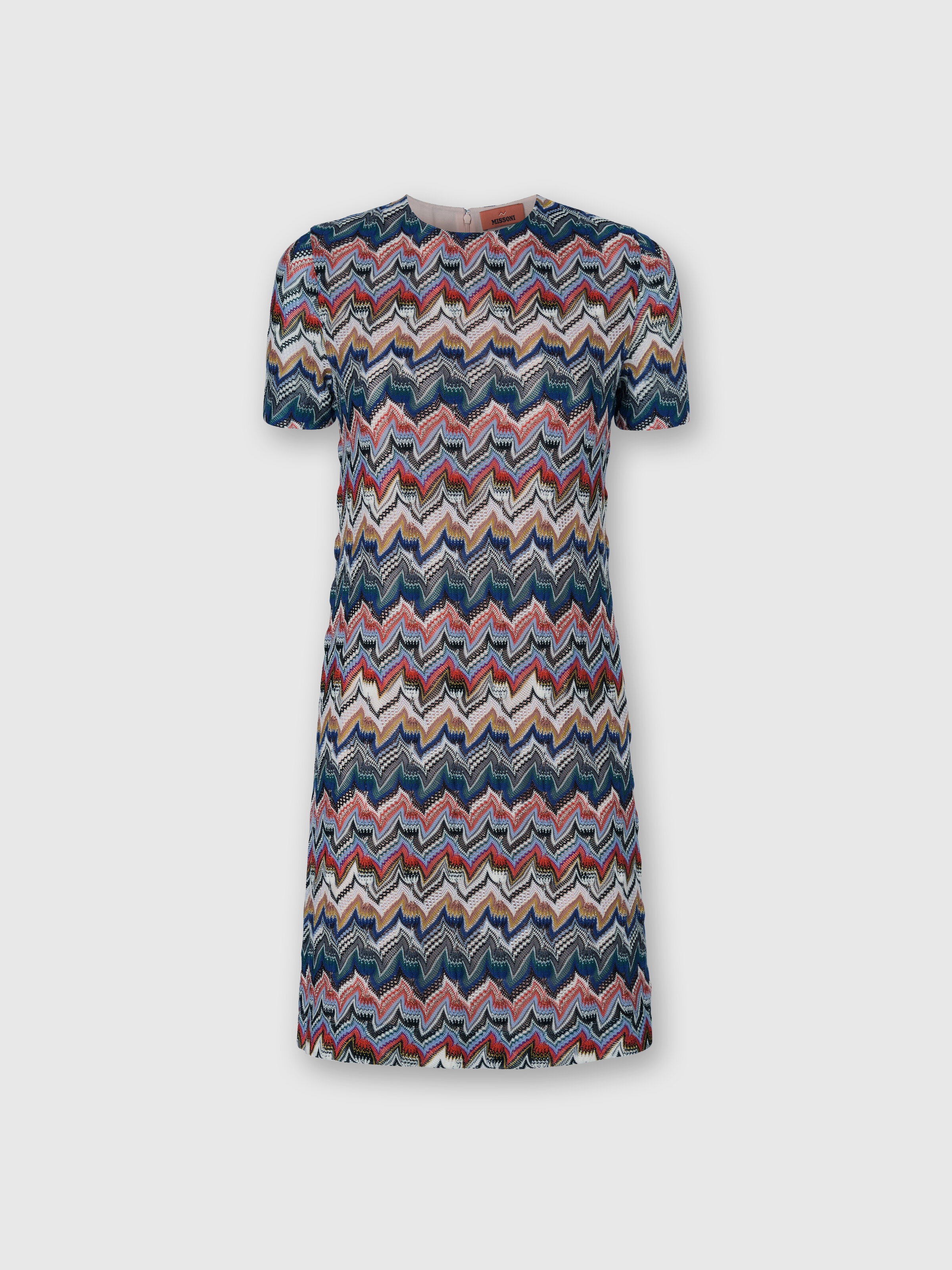 Short Dress with Half Sleeves in Embroidered Lace, Multicoloured  - 0