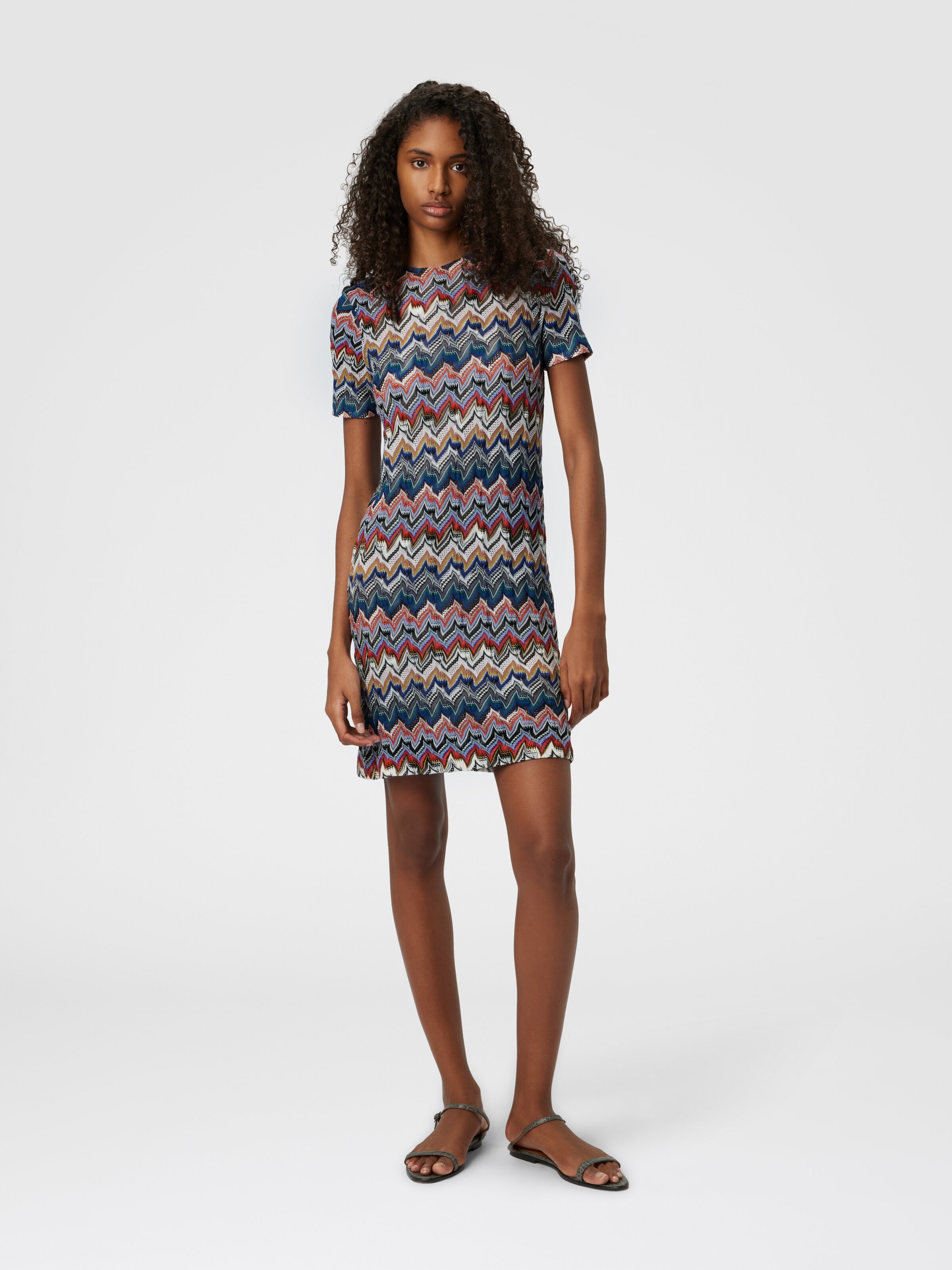Short Dress with Half Sleeves in Embroidered Lace, Multicoloured  - 1