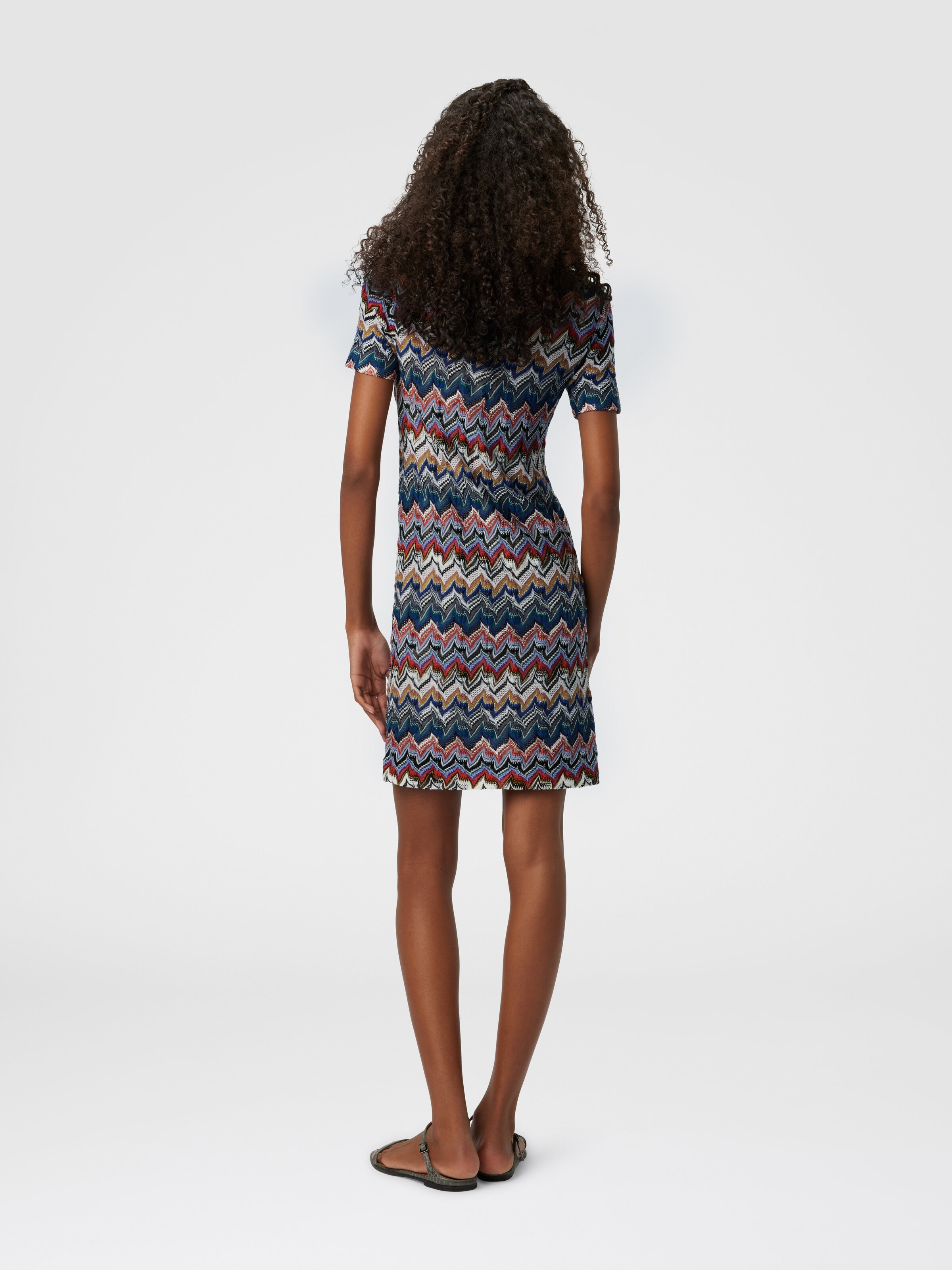 Short Dress with Half Sleeves in Embroidered Lace, Multicoloured  - 2