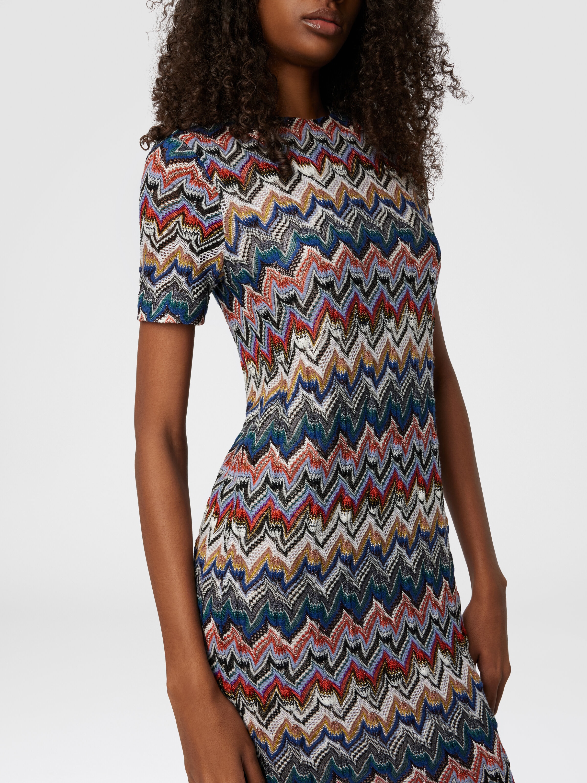 Short Dress with Half Sleeves in Embroidered Lace, Multicoloured  - 4