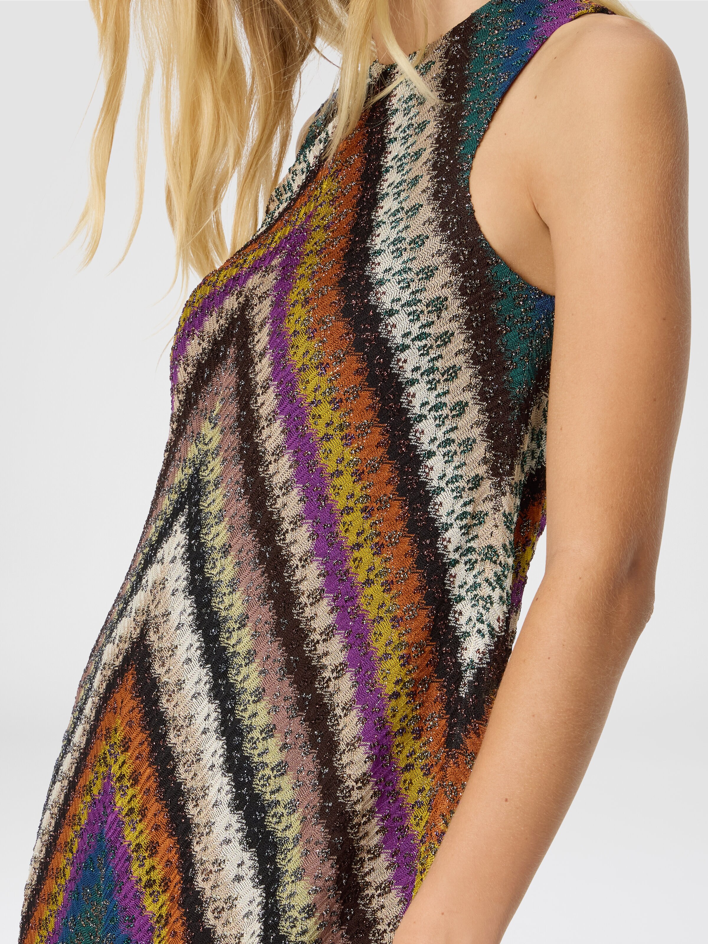 Crew Neck Mini Dress in Perforated Tulle Lace, Multicoloured  - 4