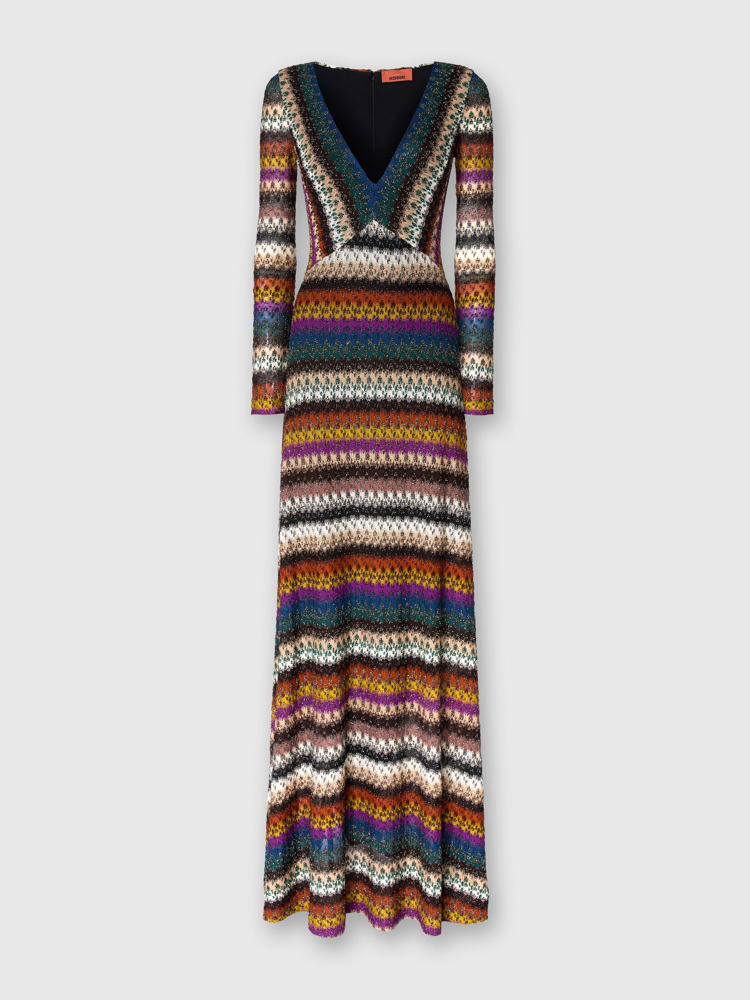 Flared long dress with v-neck and long sleeves, Multicoloured  - 0