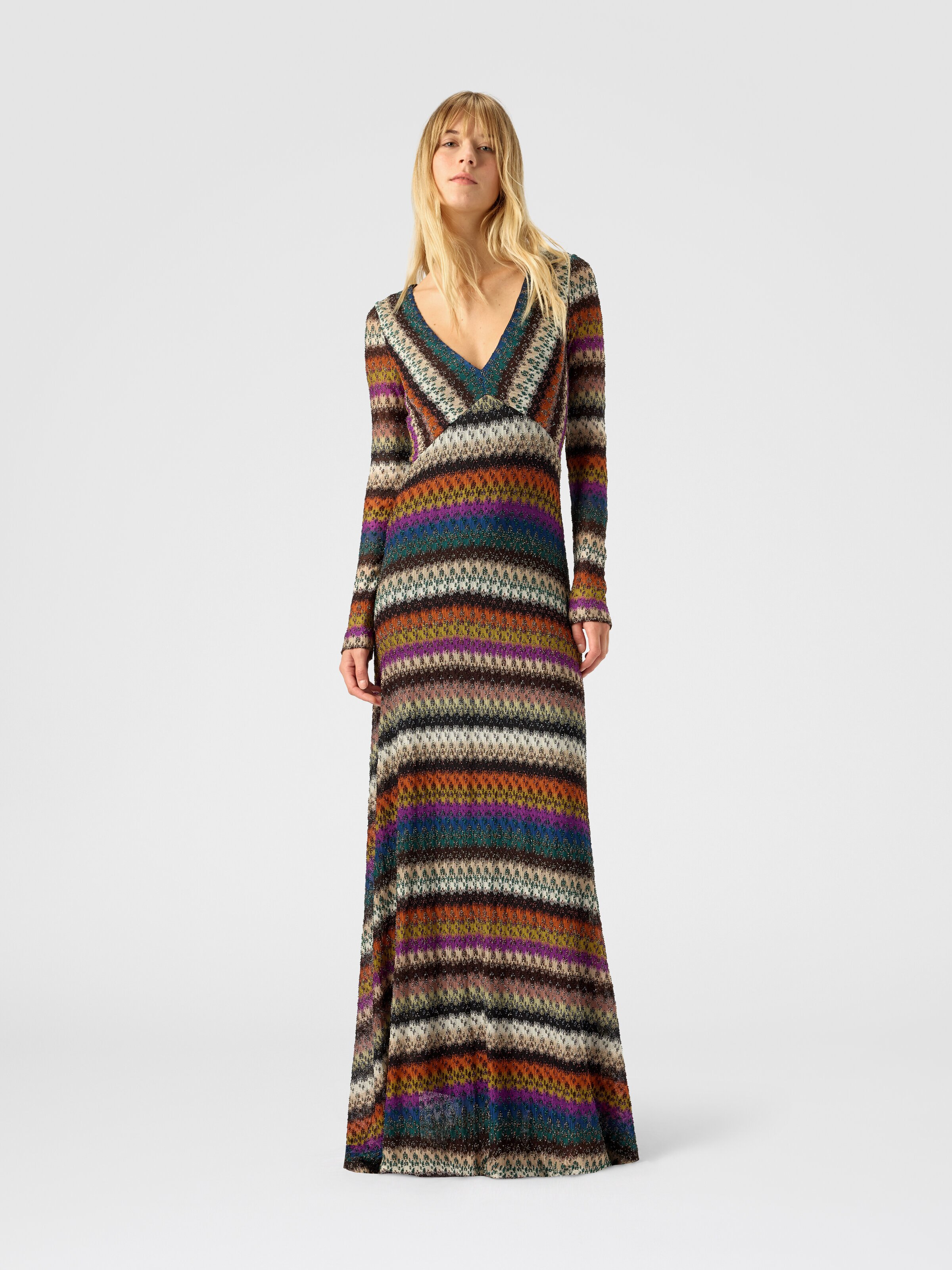 Flared long dress with v-neck and long sleeves, Multicoloured  - 1