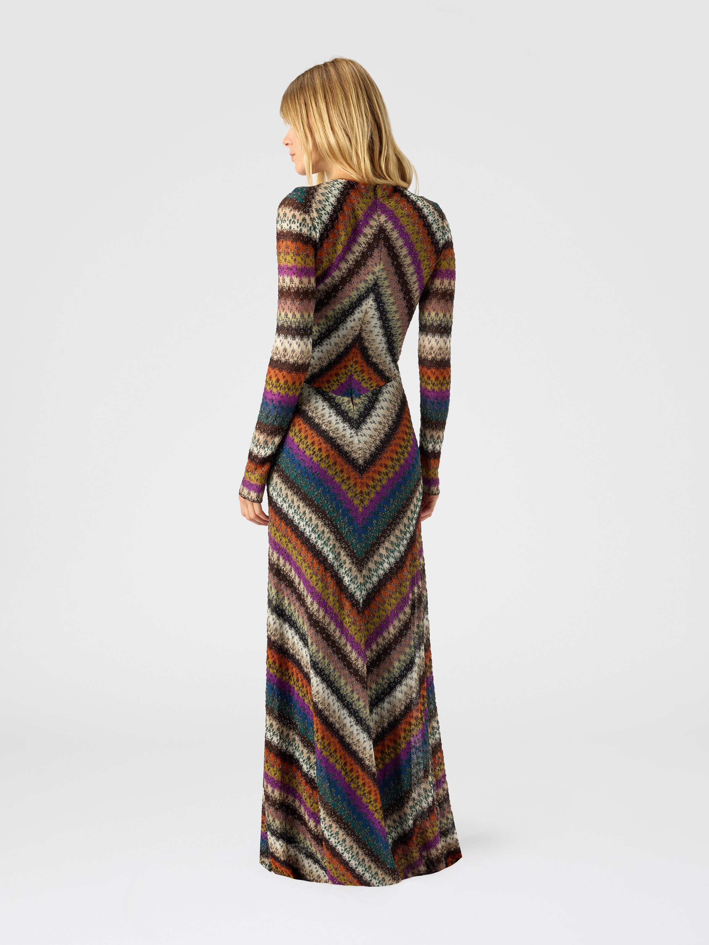Flared long dress with v-neck and long sleeves, Multicoloured  - 2