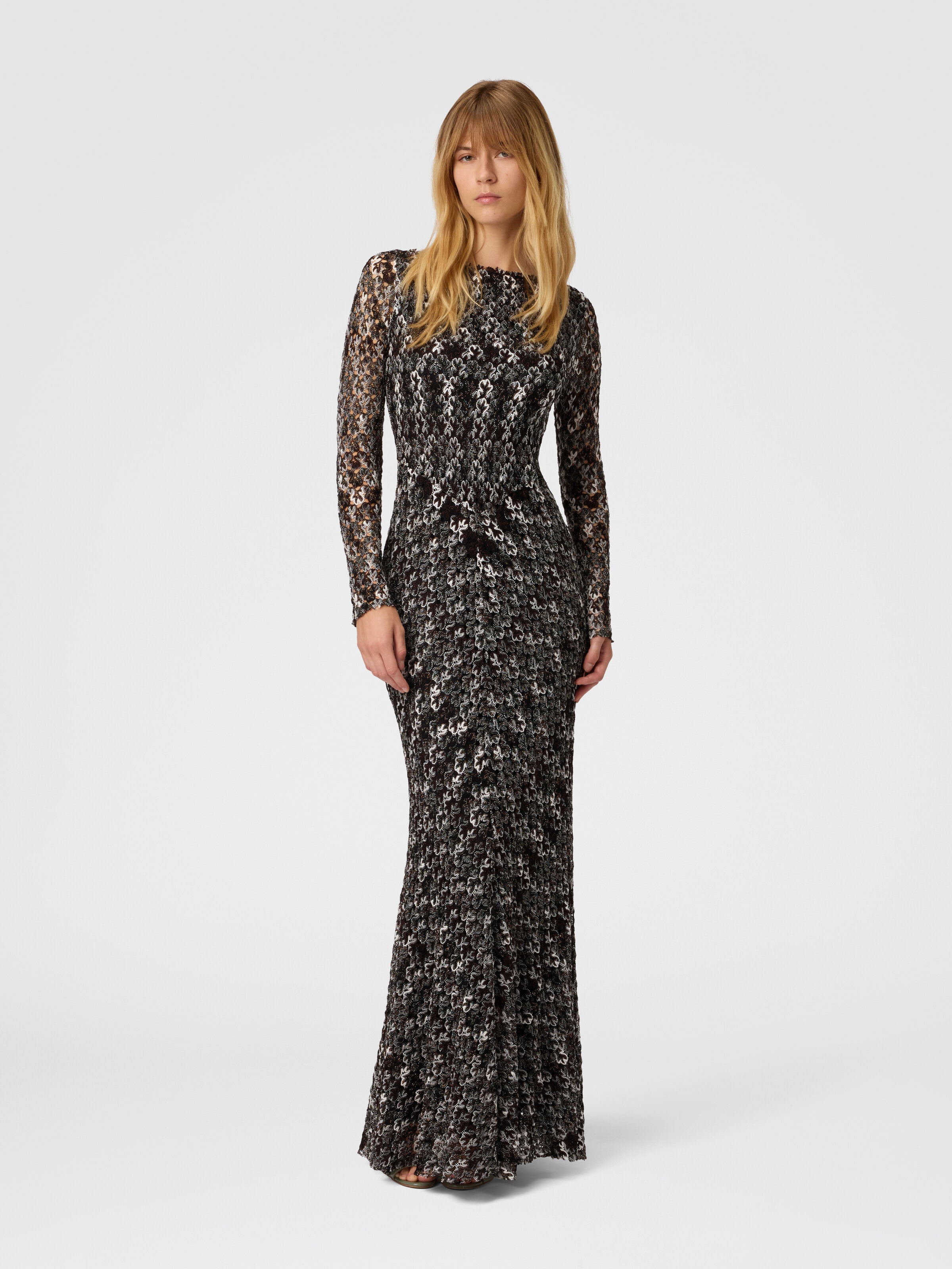 Long Dress in Embroidered Lace, Multicoloured  - 1