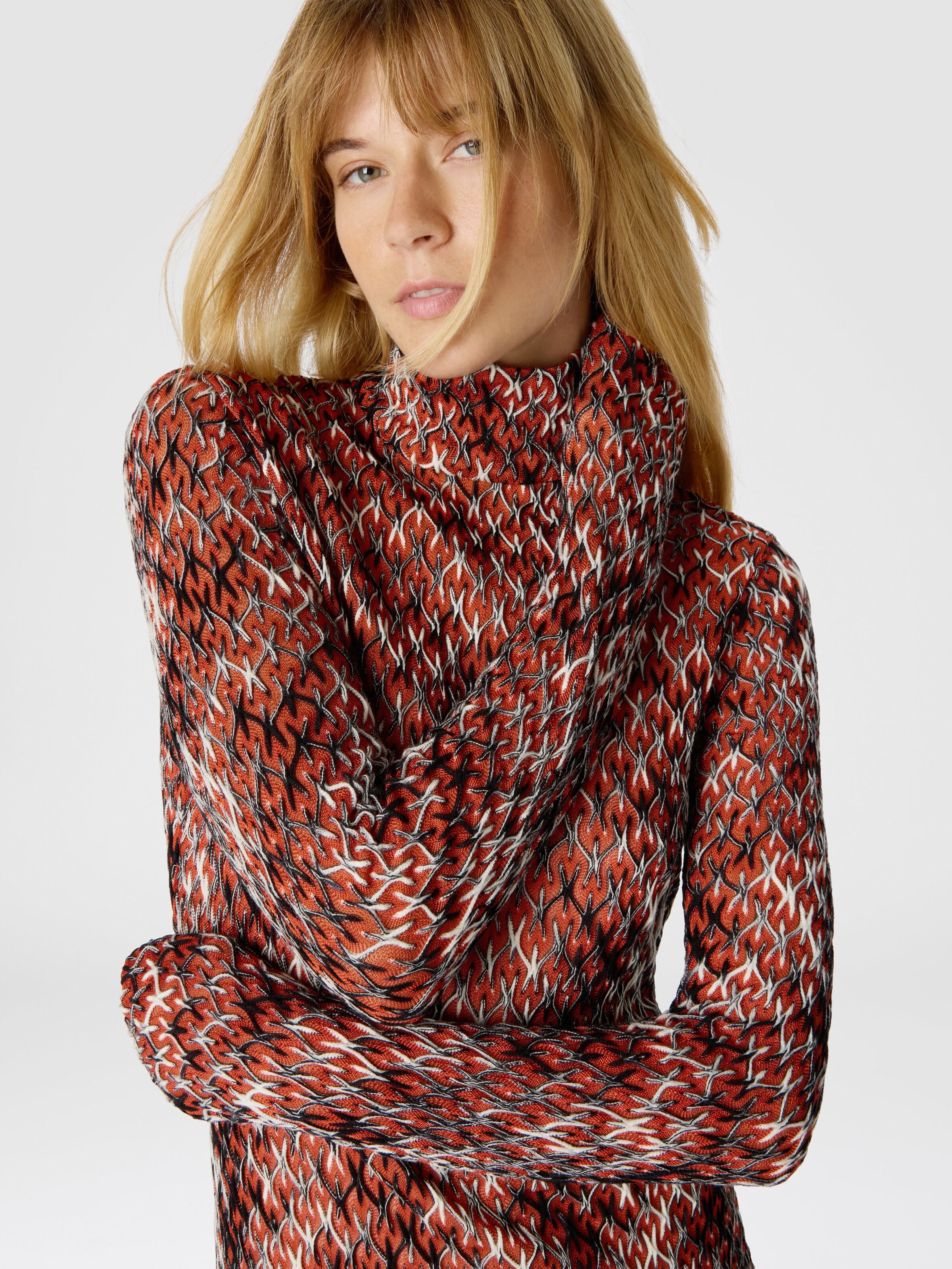 Robe longue à col montant en dentelle flammée, Multicolore - 4