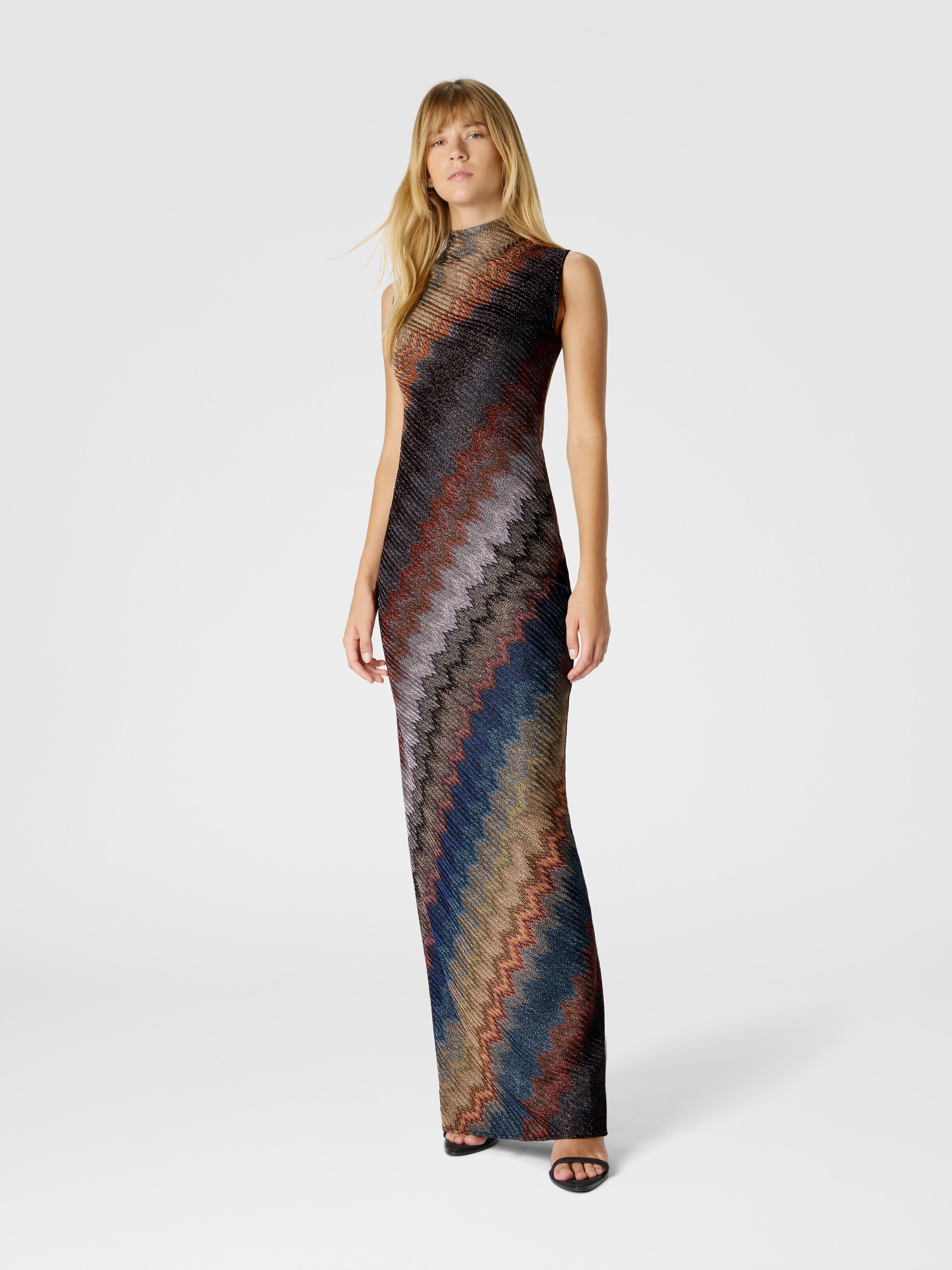 High-Neck Long Dress with Snake Pattern, Multicoloured  - 1