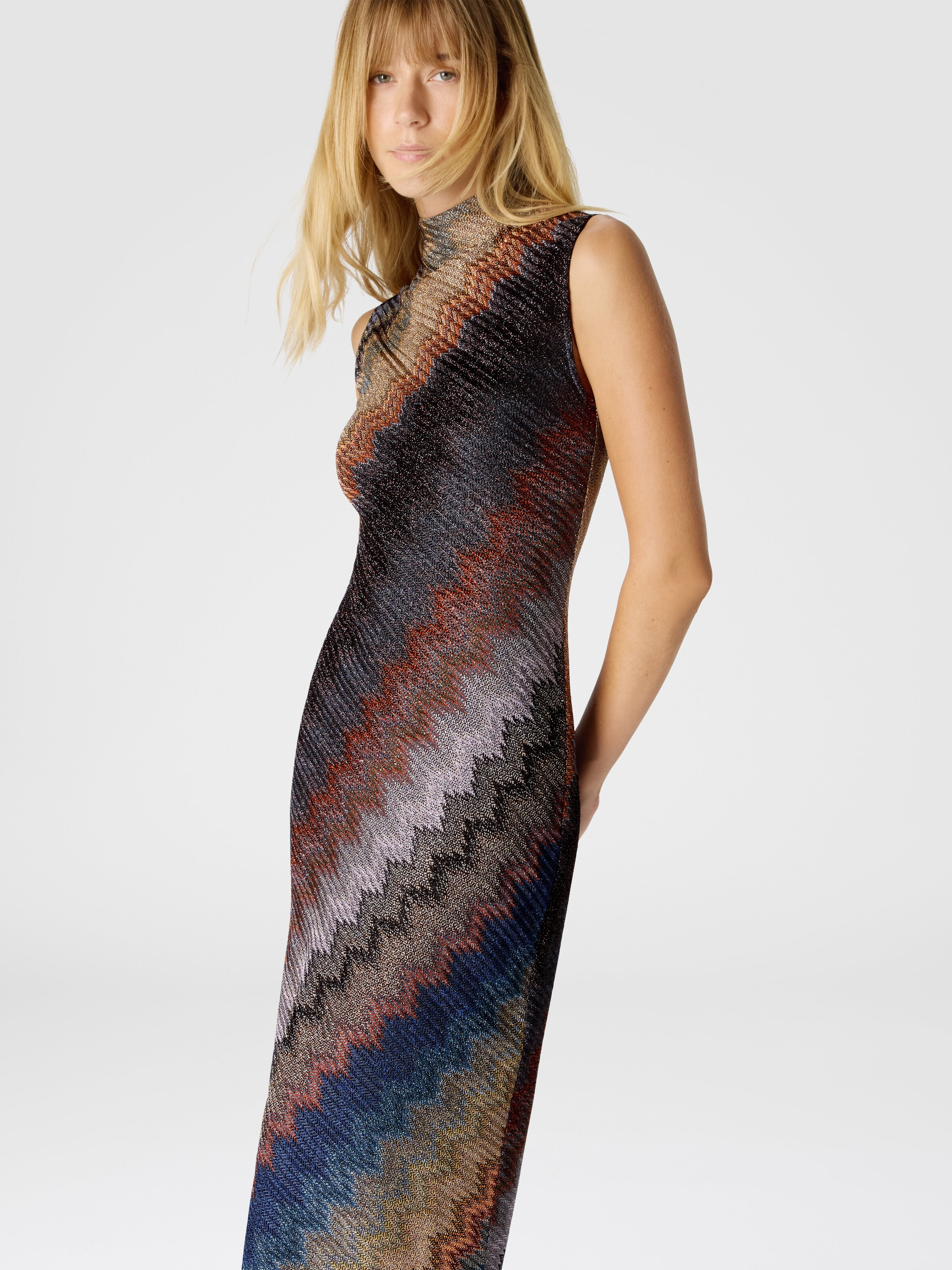 High-Neck Long Dress with Snake Pattern, Multicoloured  - 3
