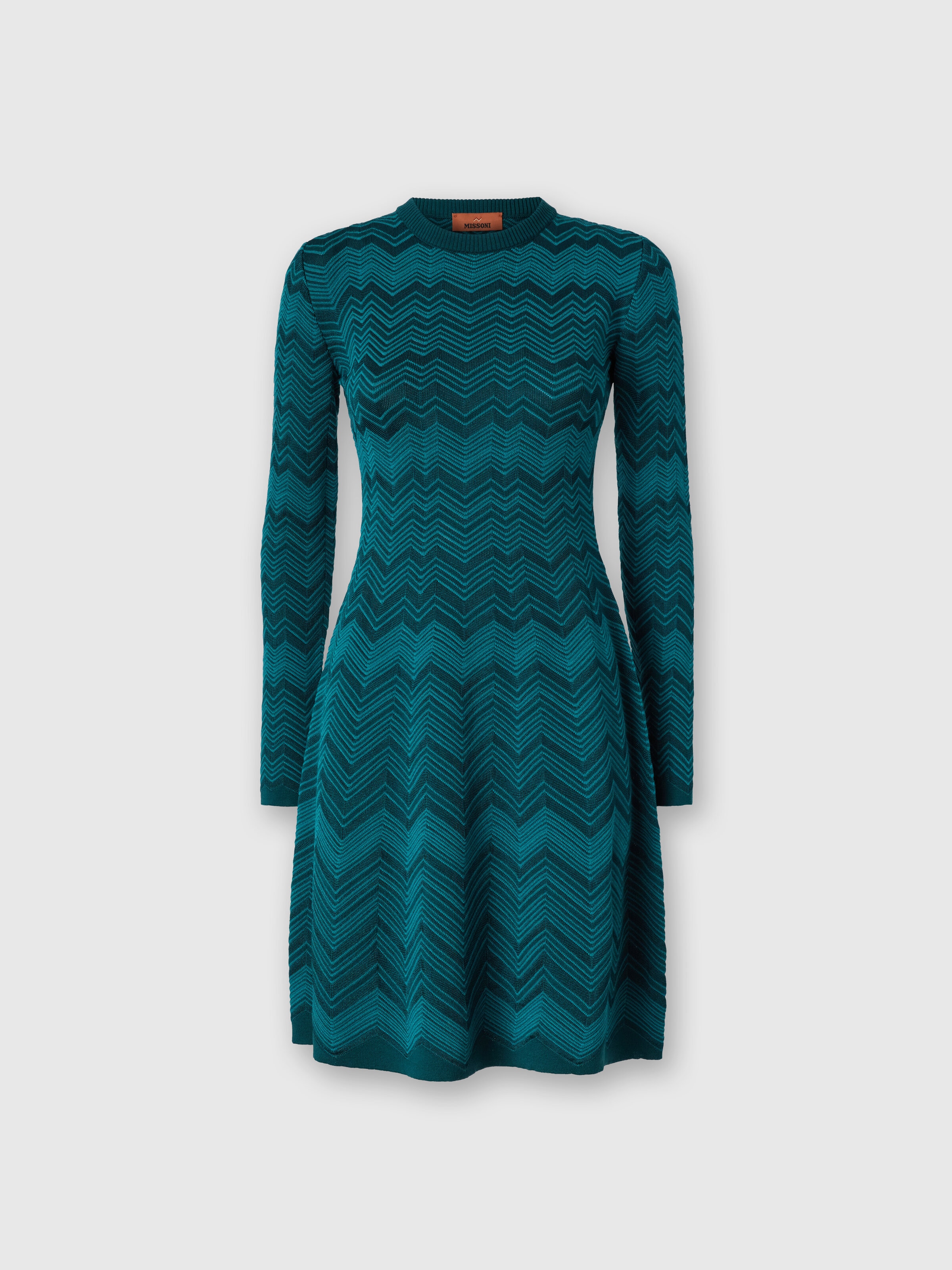 Long Sleeve Short Dress with Chevron Pattern, Multicoloured  - 0