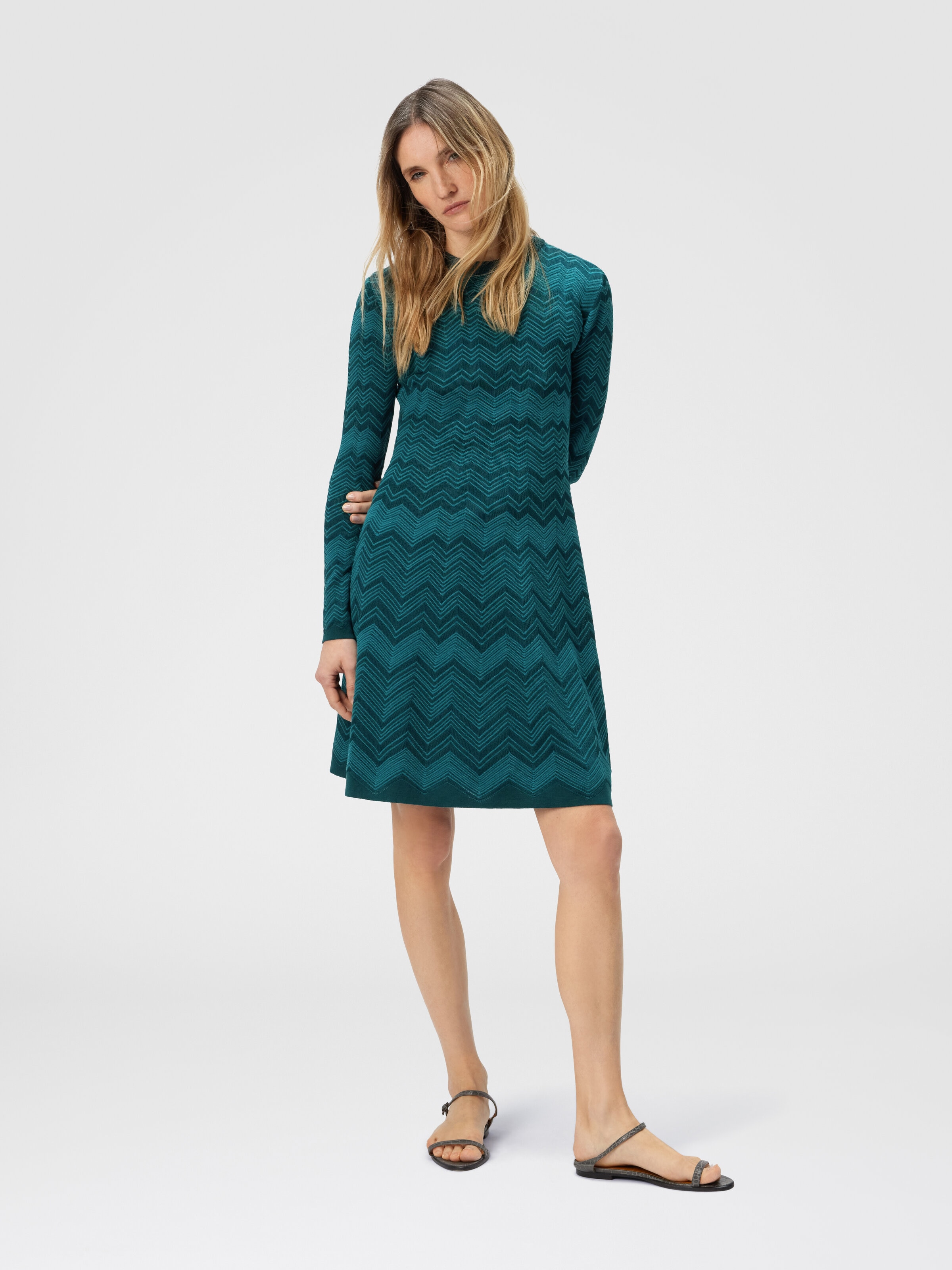 Long Sleeve Short Dress with Chevron Pattern, Multicoloured  - 1