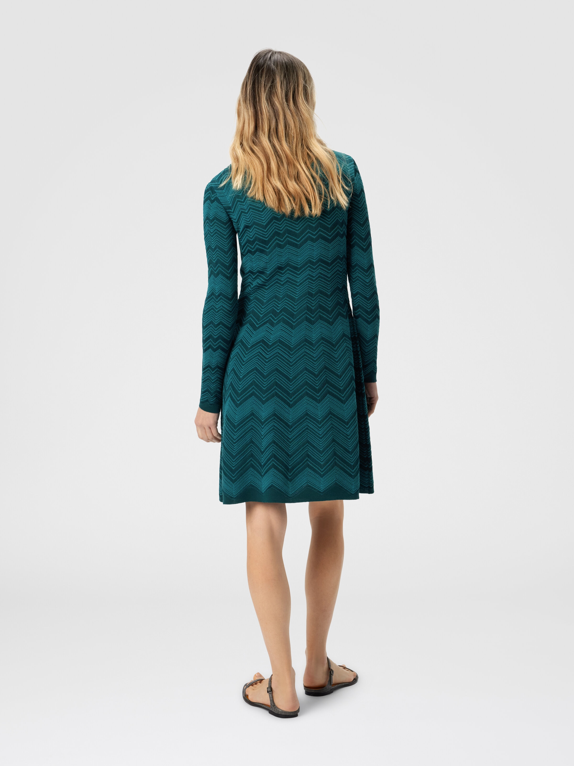 Long Sleeve Short Dress with Chevron Pattern, Multicoloured  - 2