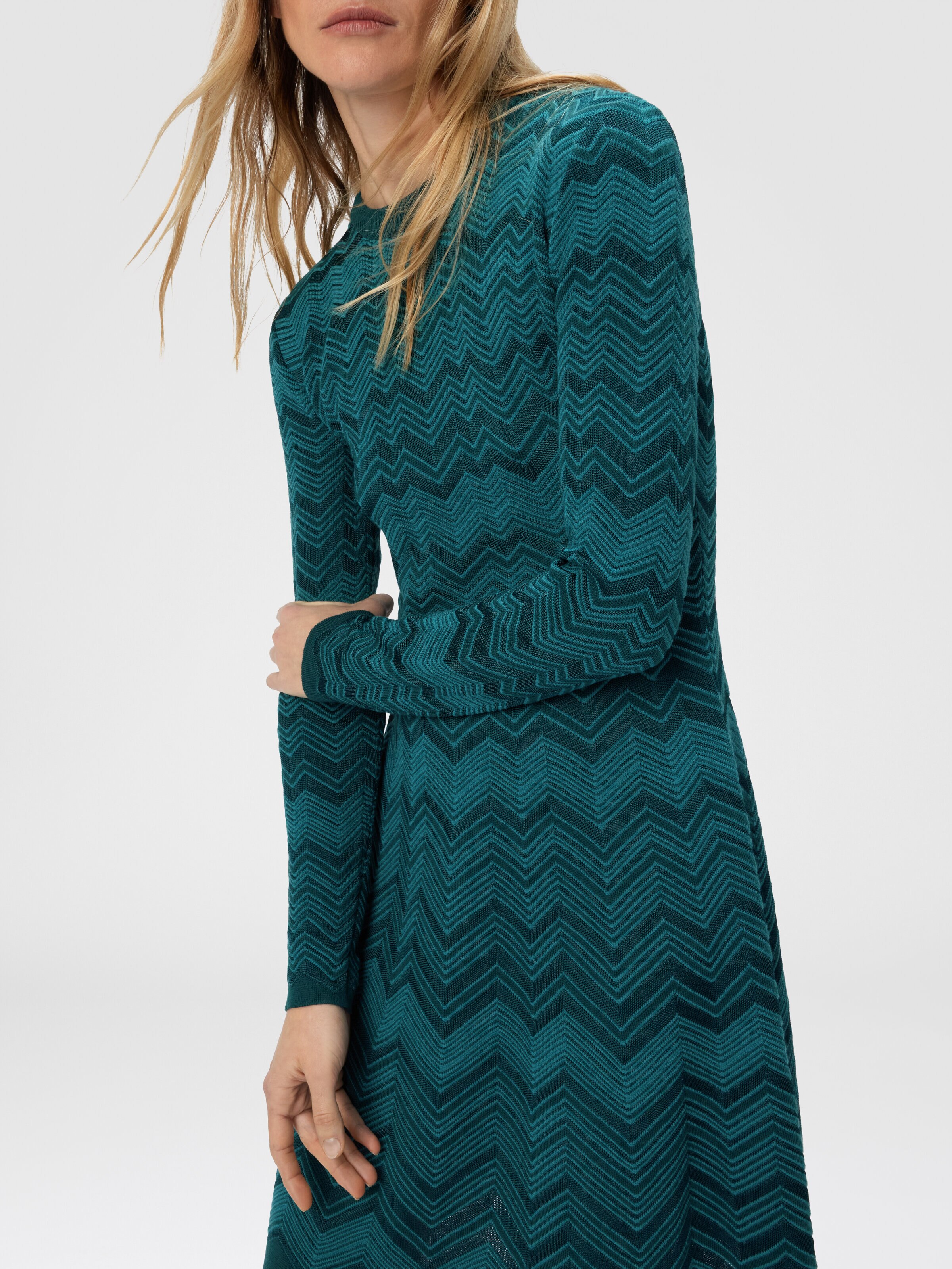 Long Sleeve Short Dress with Chevron Pattern, Multicoloured  - 3