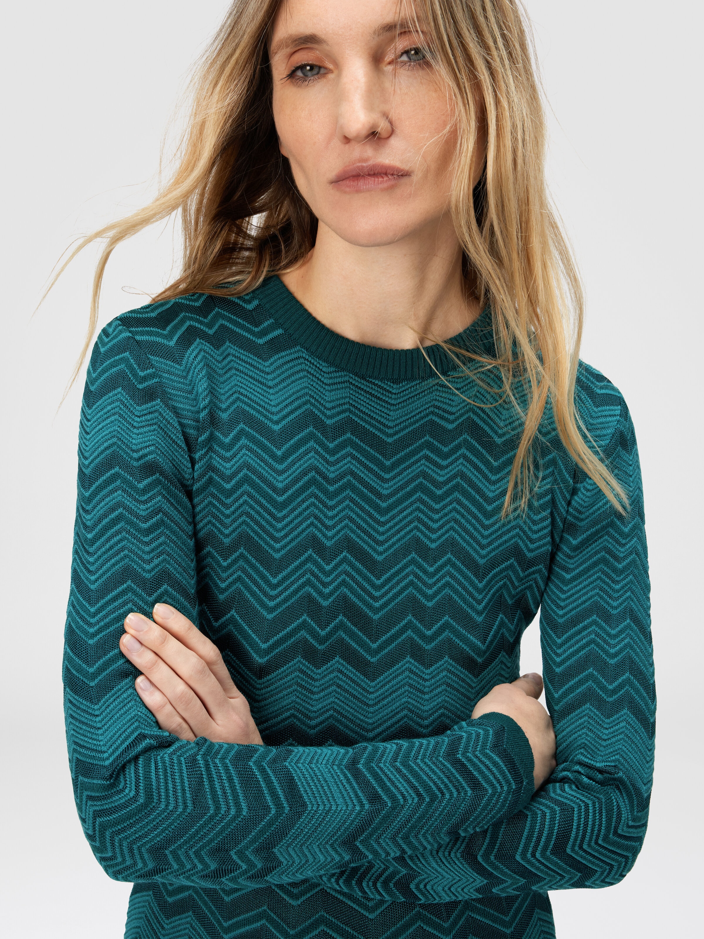 Long Sleeve Short Dress with Chevron Pattern, Multicoloured  - 4