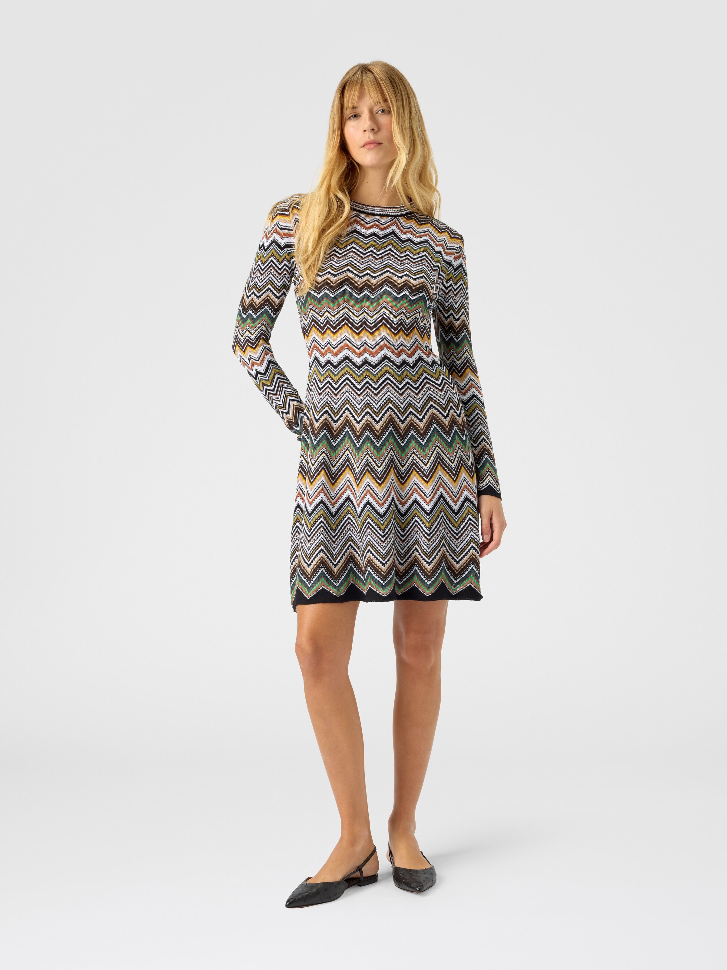 Mini dress with round neckline in viscose and zigzag wool, Multicoloured  - 1