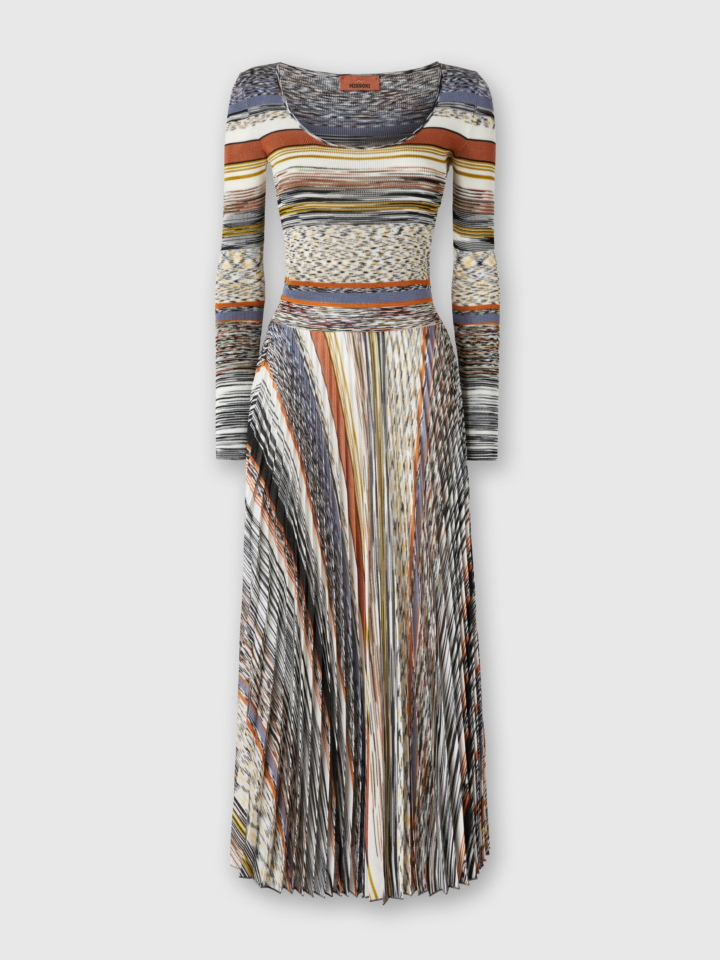 Long Dress with Pleated Skirt in Stripes, Multicoloured  - 0