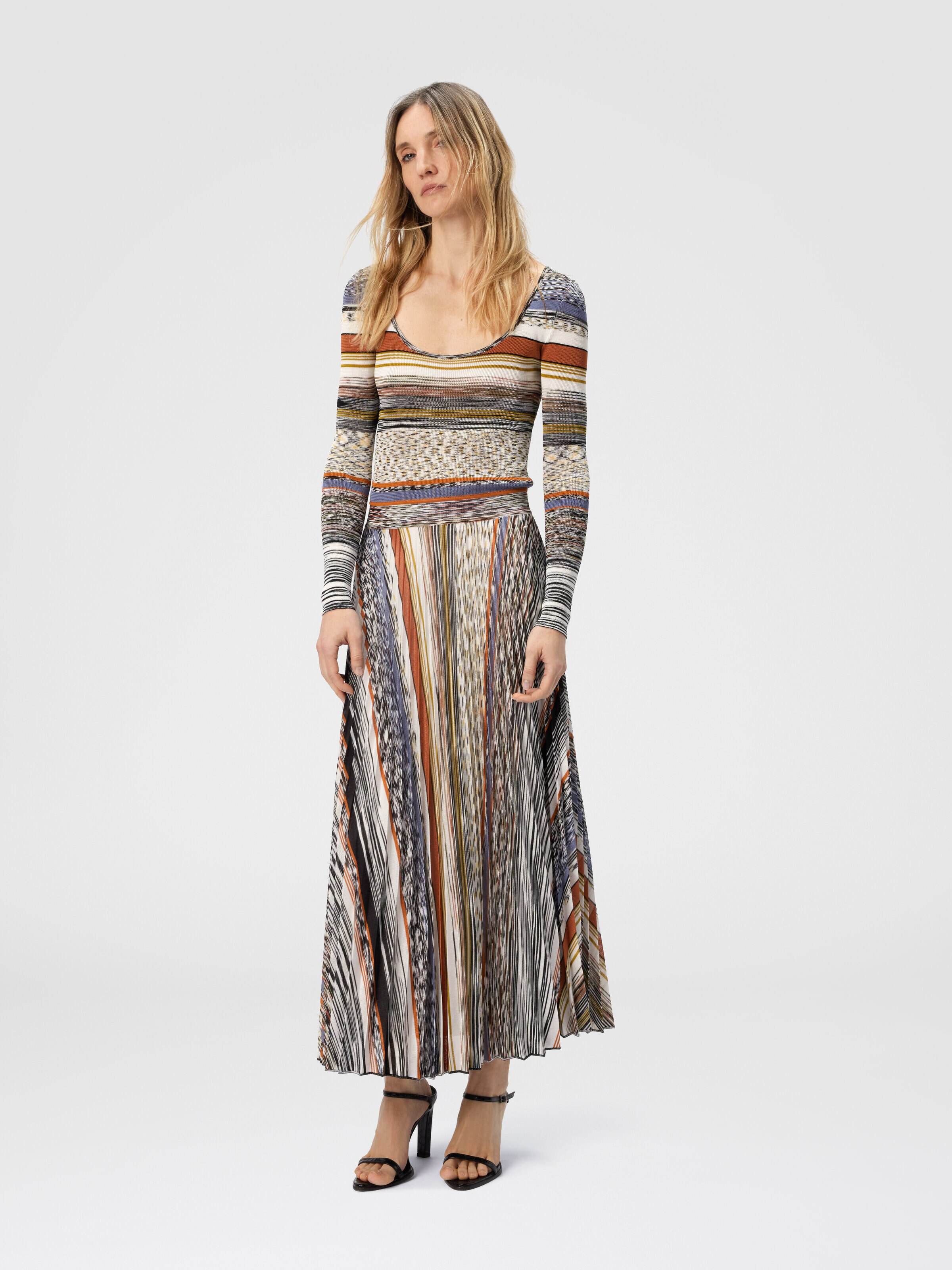 Long Dress with Pleated Skirt in Stripes, Multicoloured  - 1