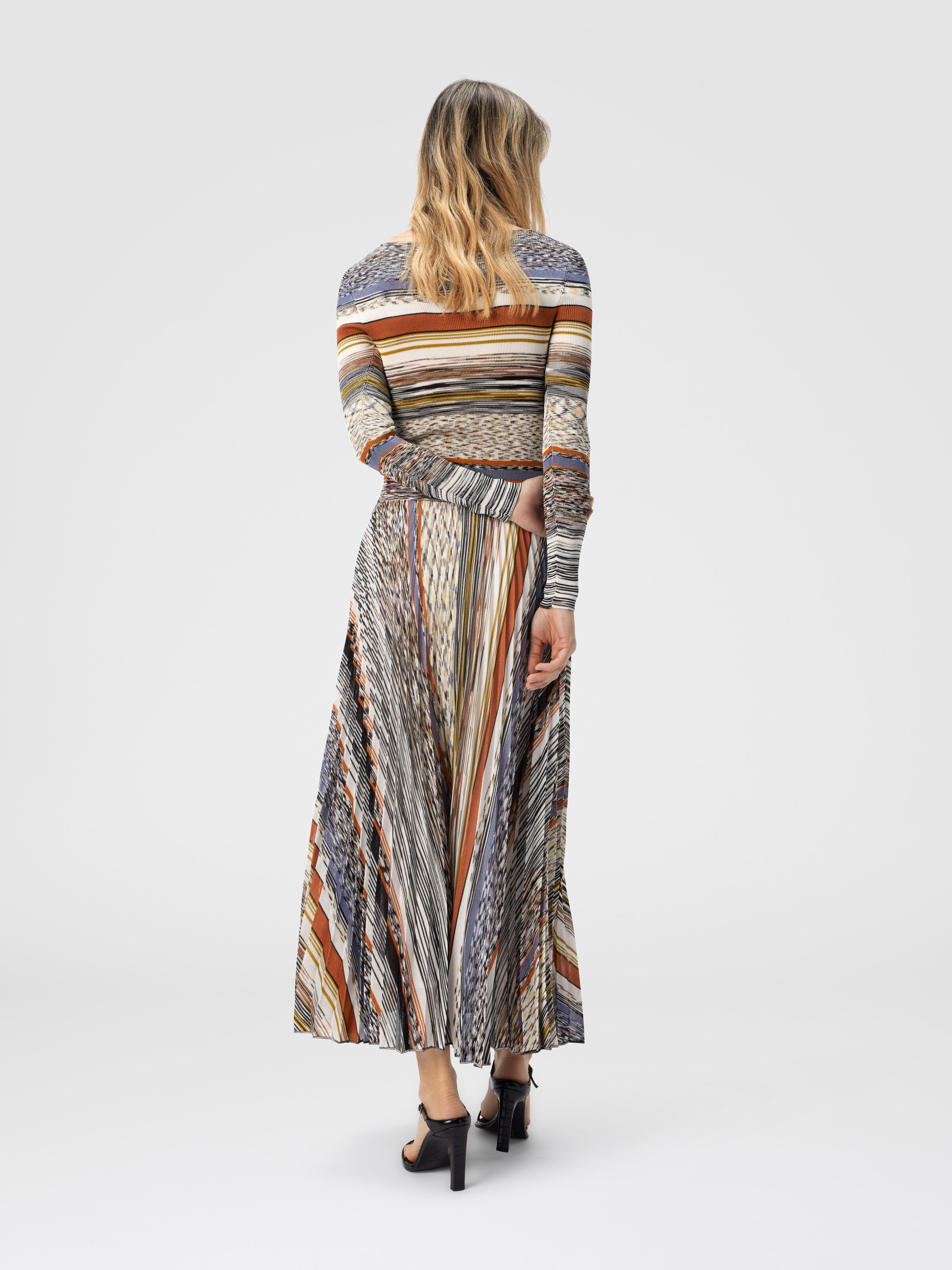 Long Dress with Pleated Skirt in Stripes, Multicoloured  - 2