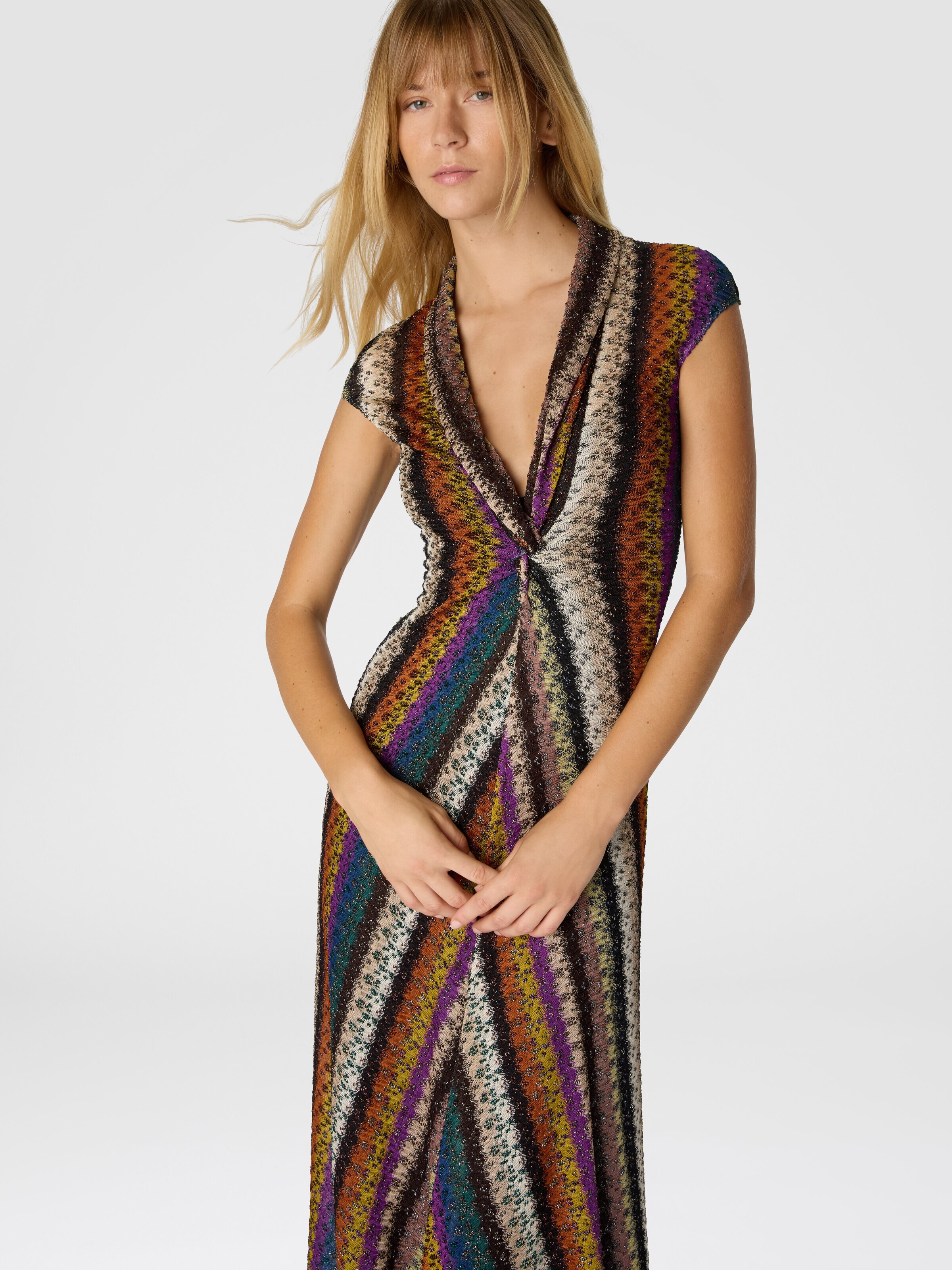 Long Dress with Knot and Neckline, Multicoloured  - 3