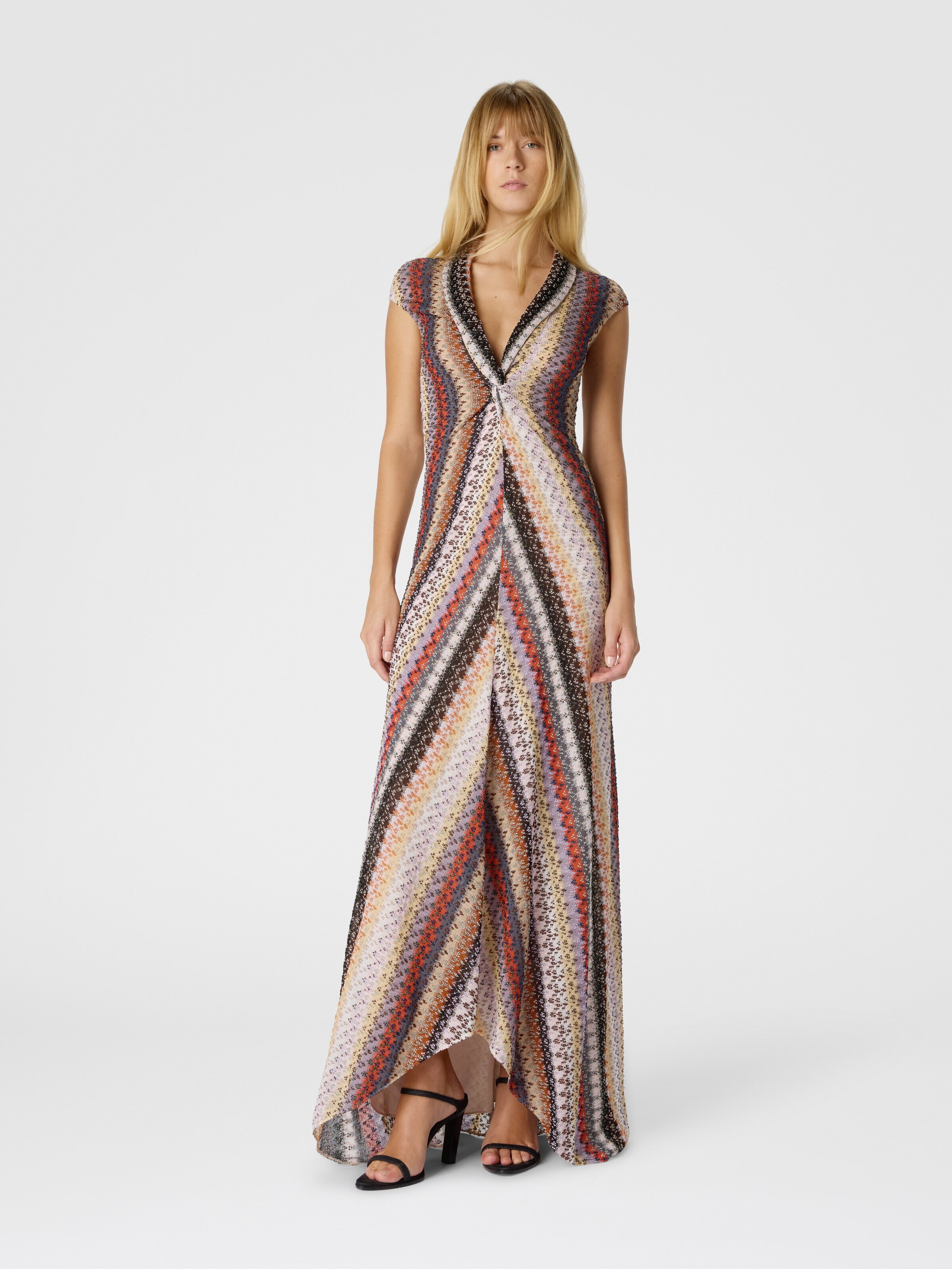 Long Dress with Knot and Neckline, Red & Blue - 1