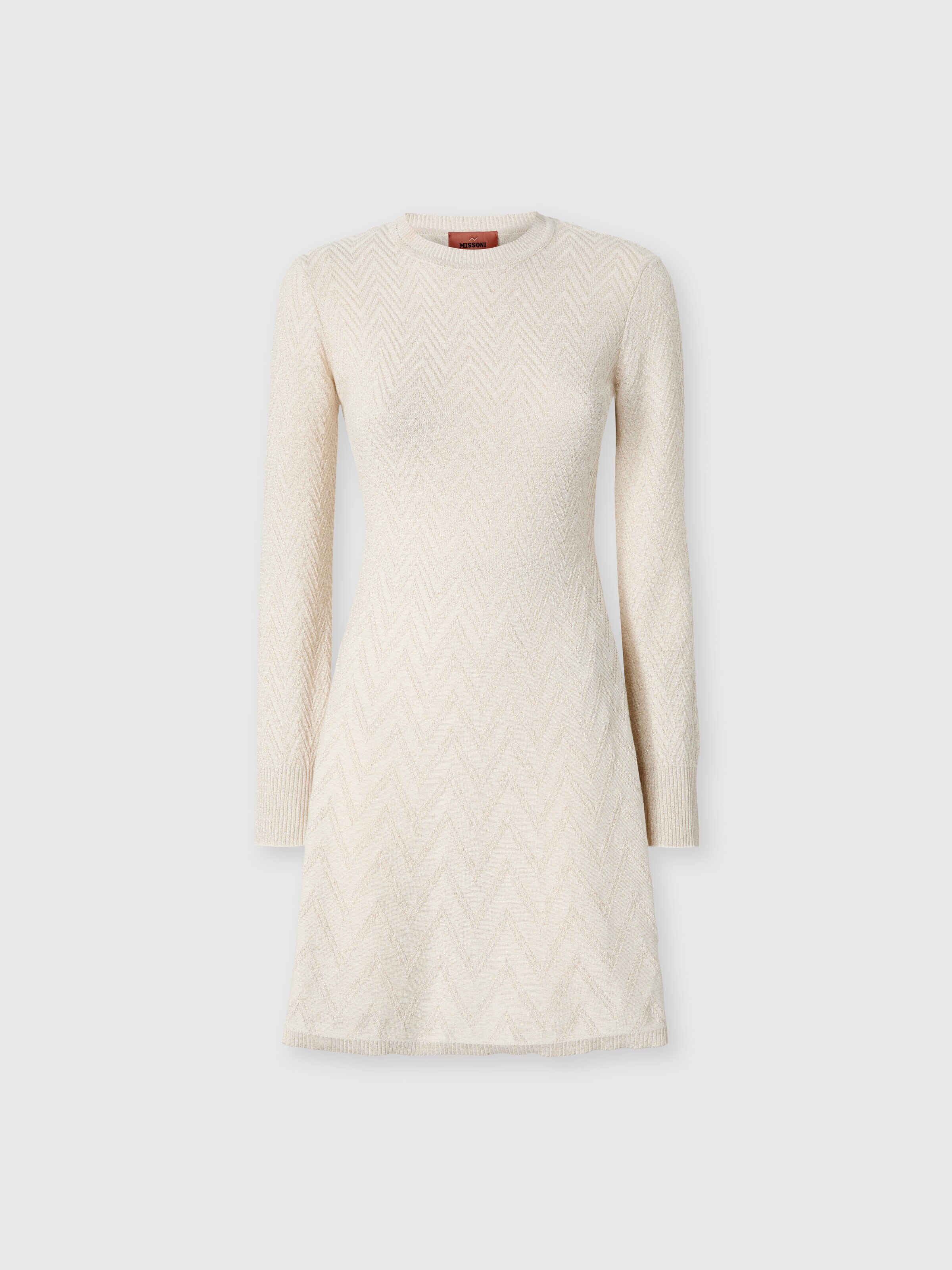 Vestido corto de mujer acampanado, manga larga con tejido jacquard, Beige - 0