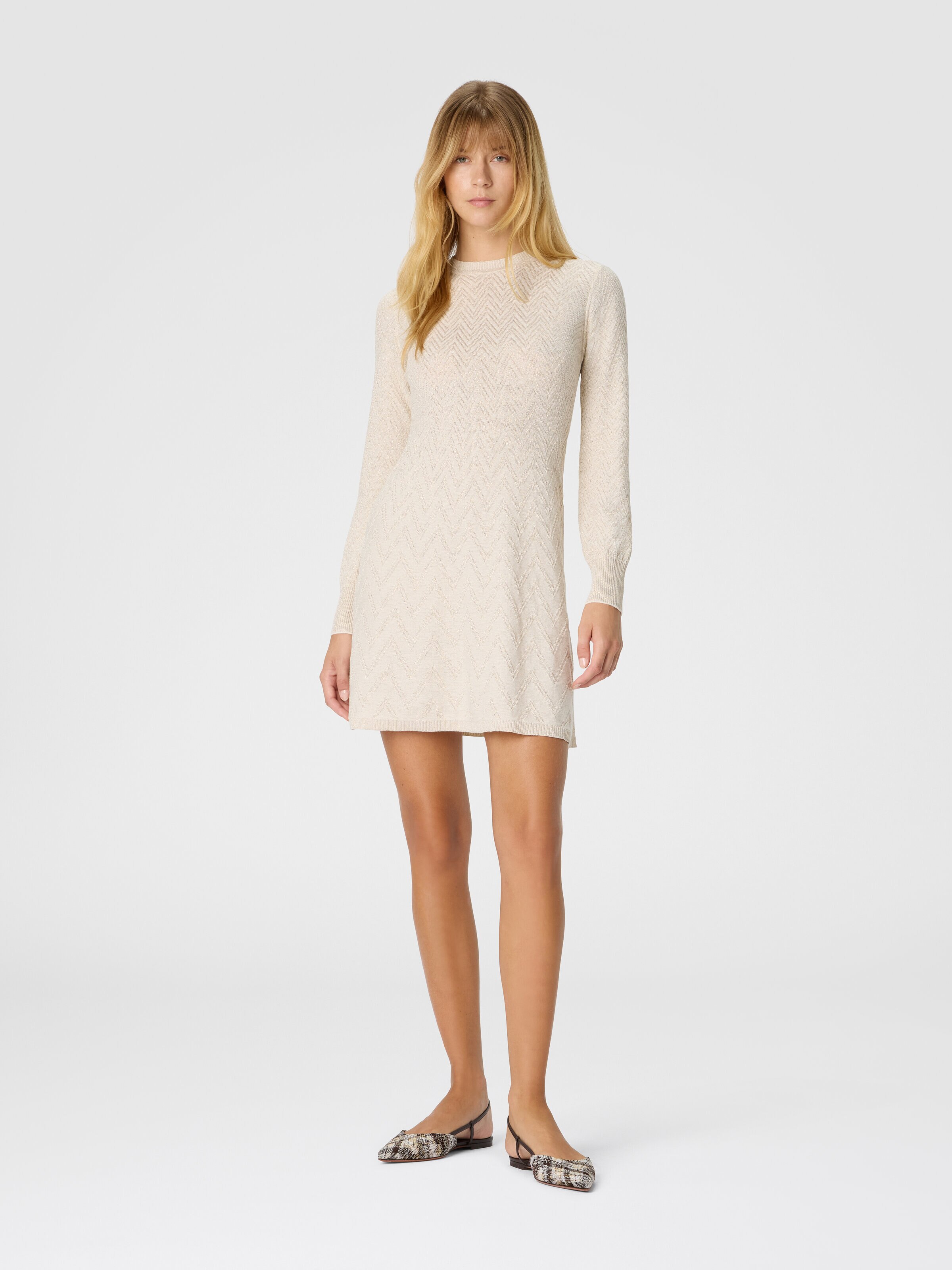 Vestido corto de mujer acampanado, manga larga con tejido jacquard, Beige - 1