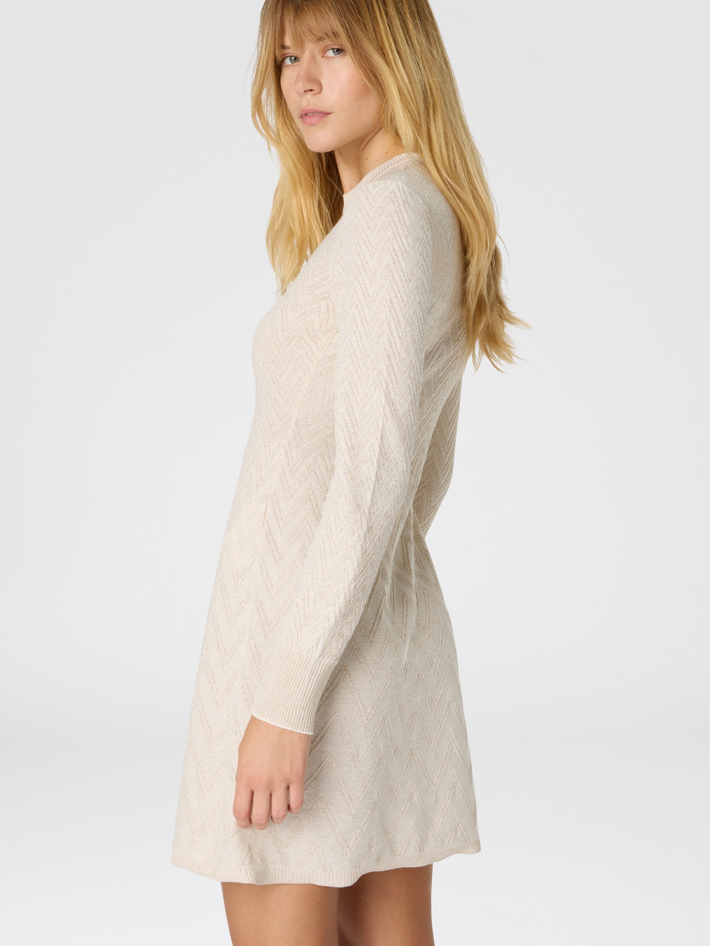 Vestido corto de mujer acampanado, manga larga con tejido jacquard, Beige - 4