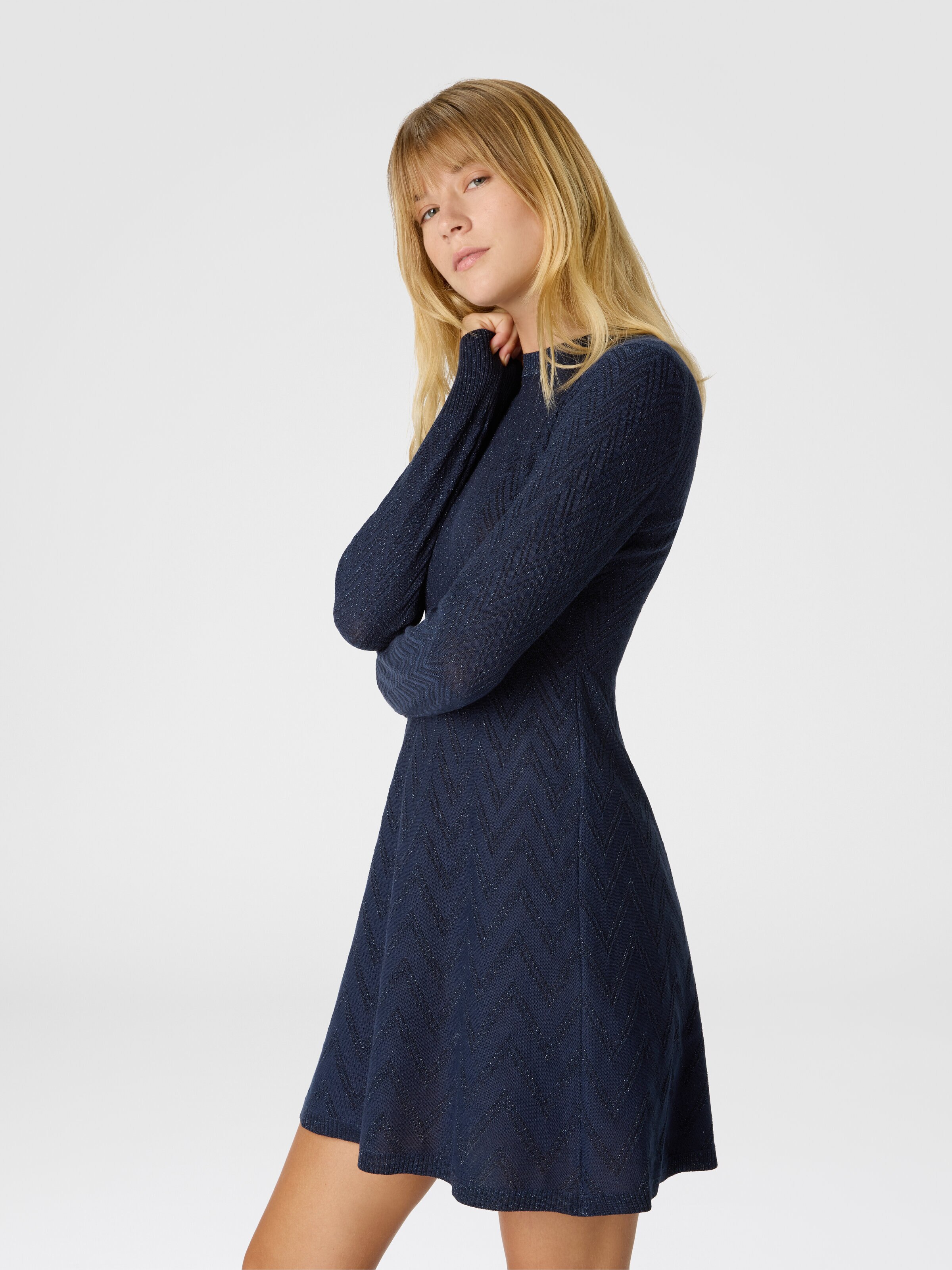 Vestido corto de mujer acampanado, manga larga con tejido jacquard, Azul Oscuro - 3